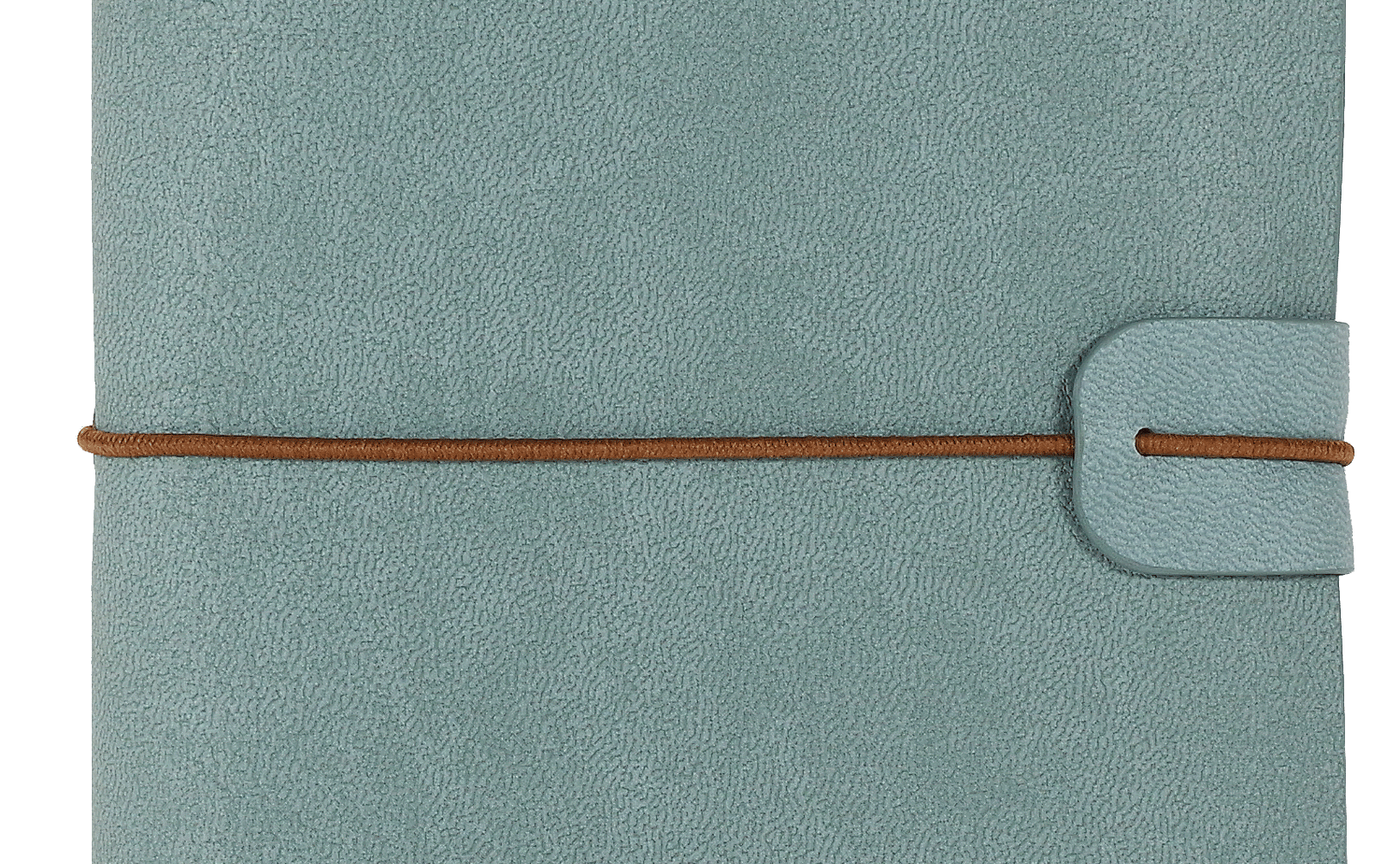 Soft blue textured notebook with a brown elastic loop closure. Minimalist design conveys a sense of simplicity and elegance.