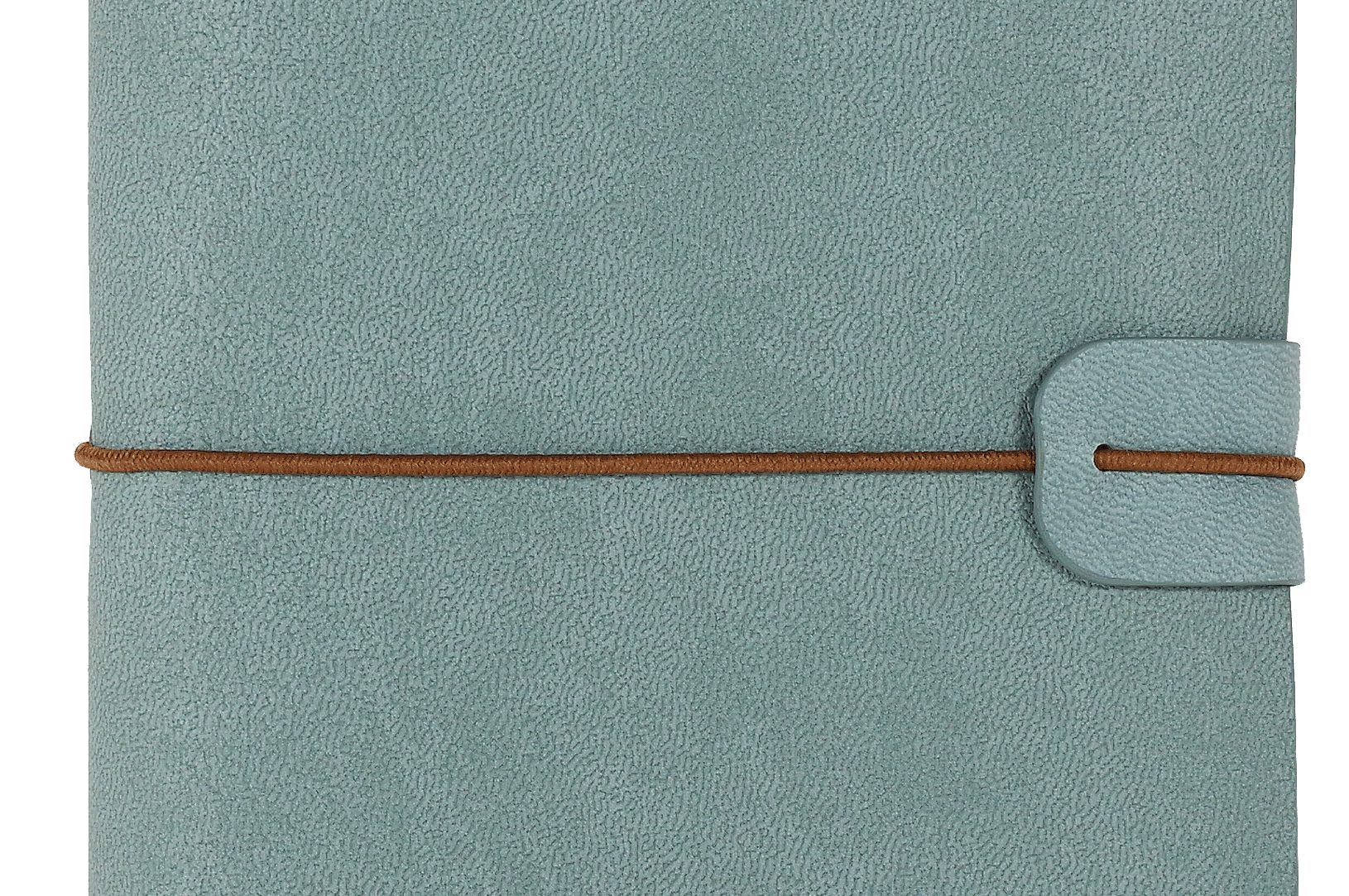 Soft blue textured notebook with a brown elastic loop closure. Minimalist design conveys a sense of simplicity and elegance.
