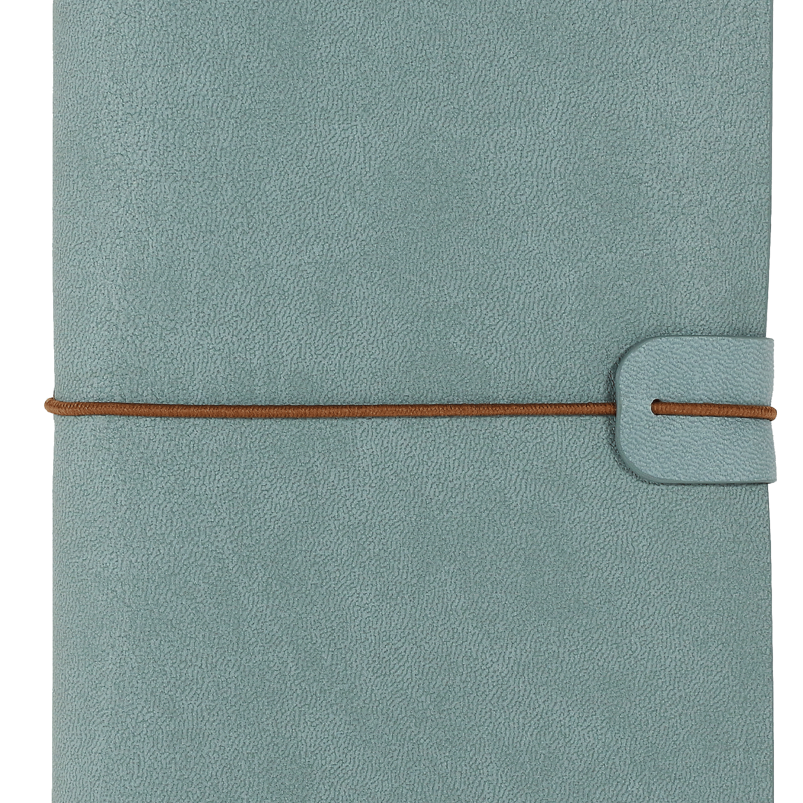 Soft blue textured notebook with a brown elastic loop closure. Minimalist design conveys a sense of simplicity and elegance.