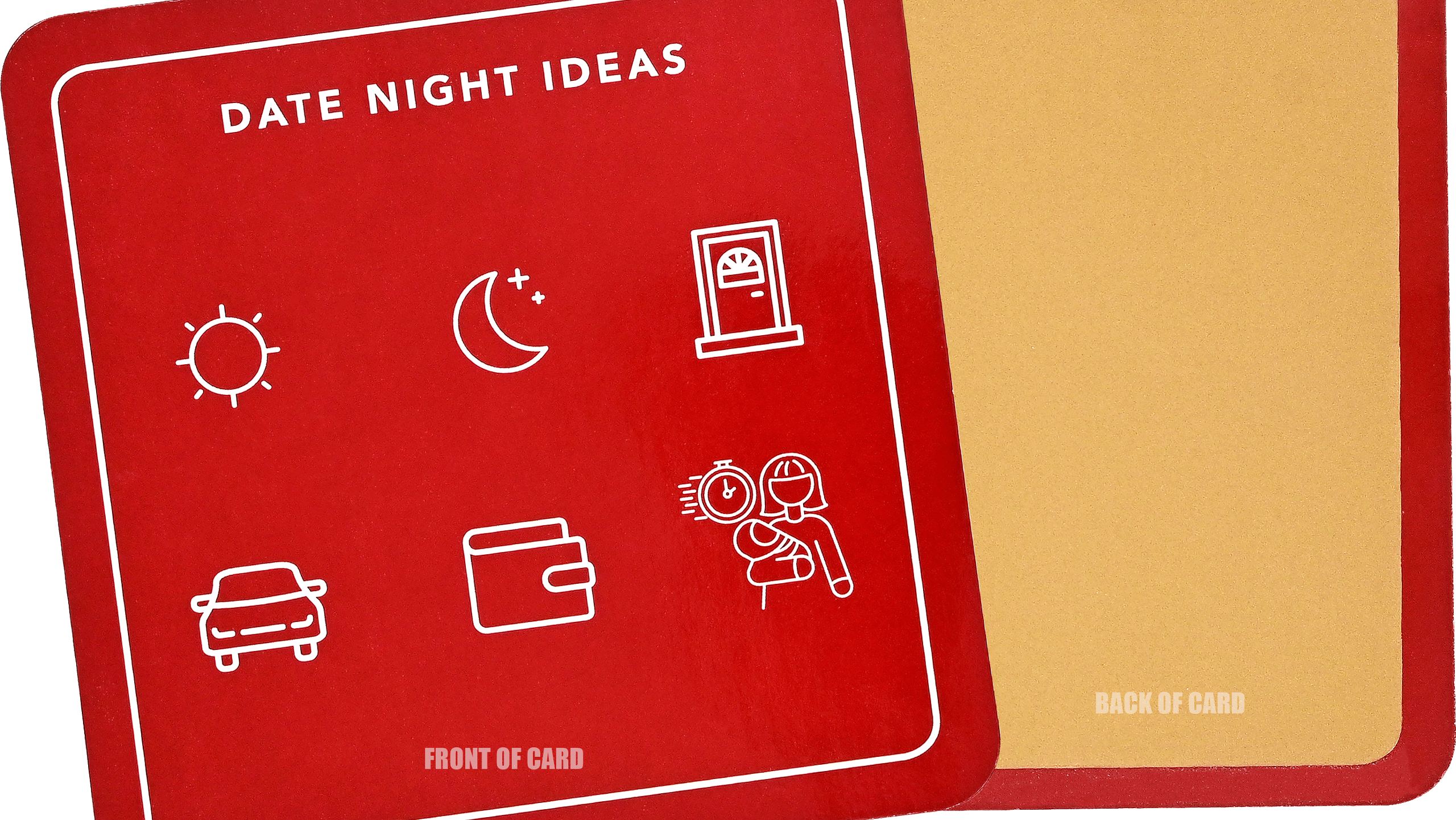 Red square card titled "Date Night Ideas" with icons: sun, moon, door, car, wallet, and a couple. The back of the card is plain beige.