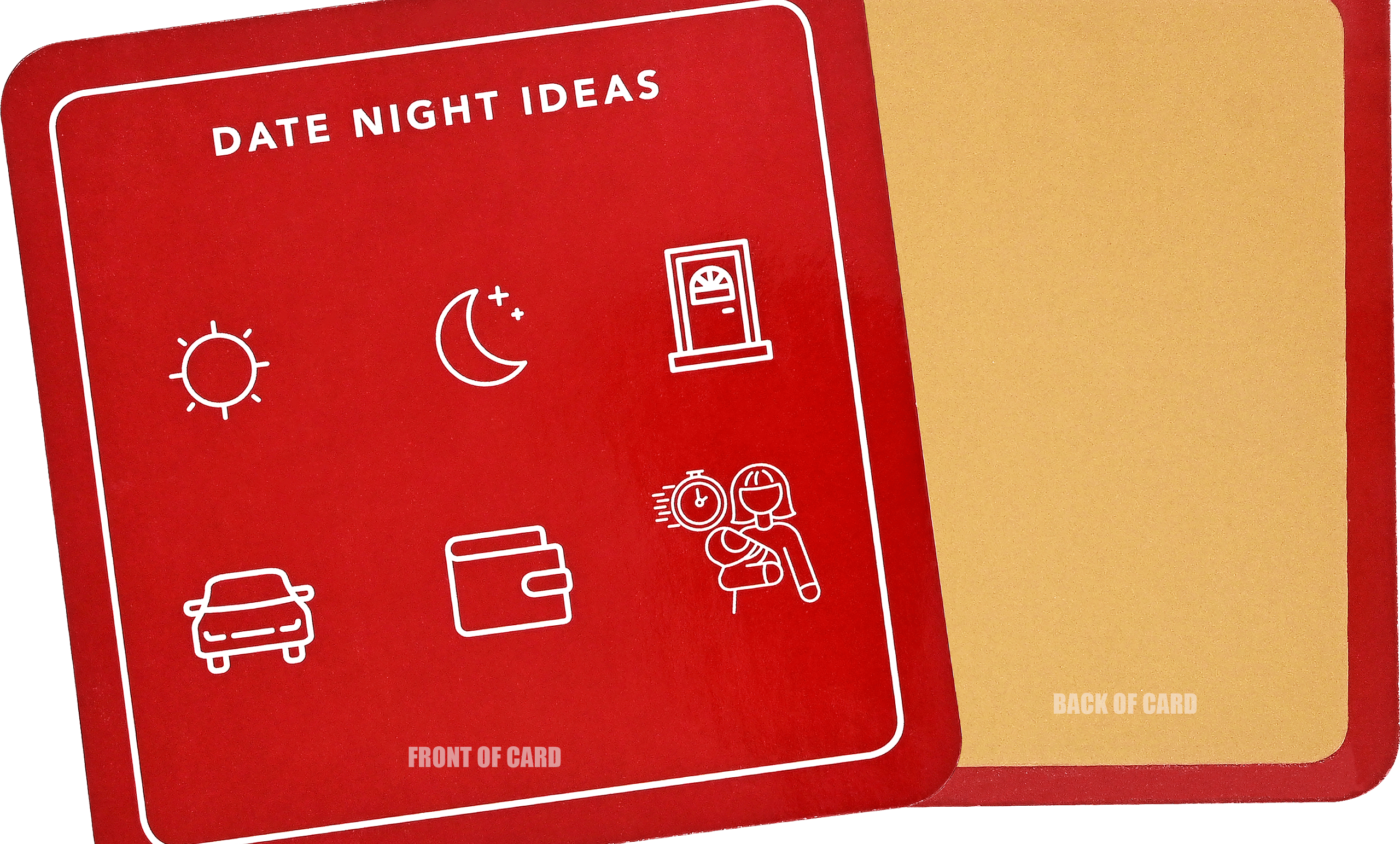 Red square card titled "Date Night Ideas" with icons: sun, moon, door, car, wallet, and a couple. The back of the card is plain beige.