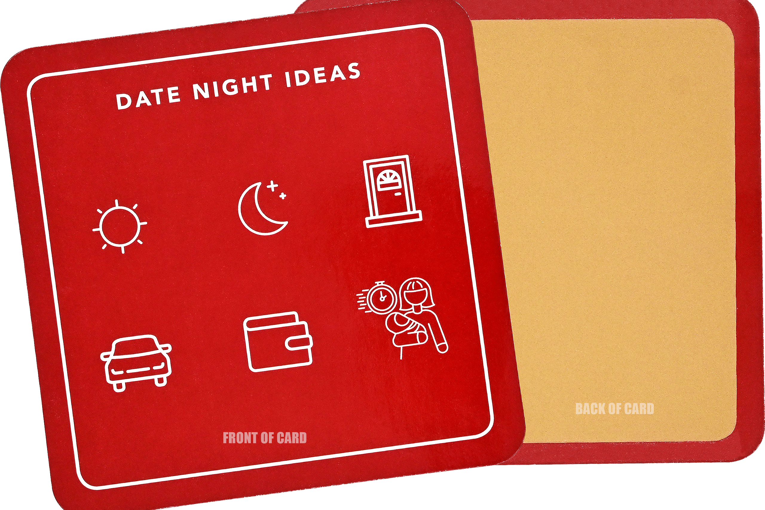Red square card titled "Date Night Ideas" with icons: sun, moon, door, car, wallet, and a couple. The back of the card is plain beige.
