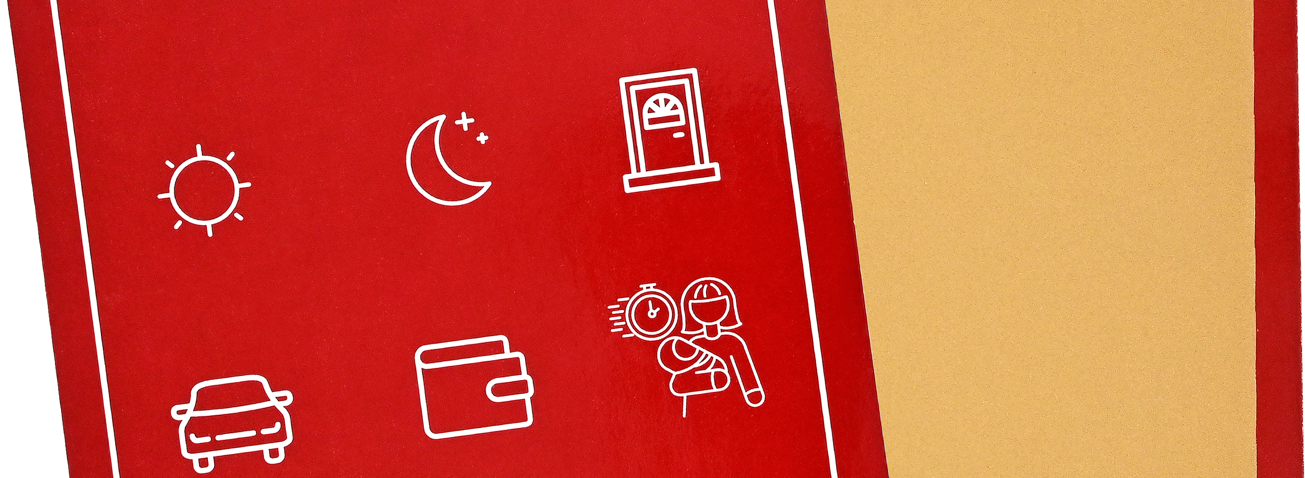 Red square card titled "Date Night Ideas" with icons: sun, moon, door, car, wallet, and a couple. The back of the card is plain beige.
