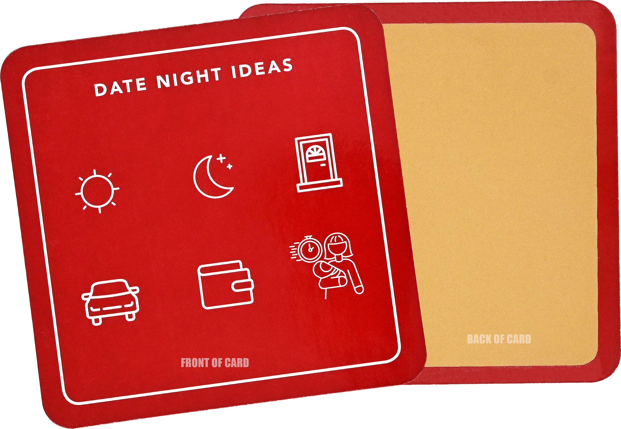 Red square card titled "Date Night Ideas" with icons: sun, moon, door, car, wallet, and a couple. The back of the card is plain beige.