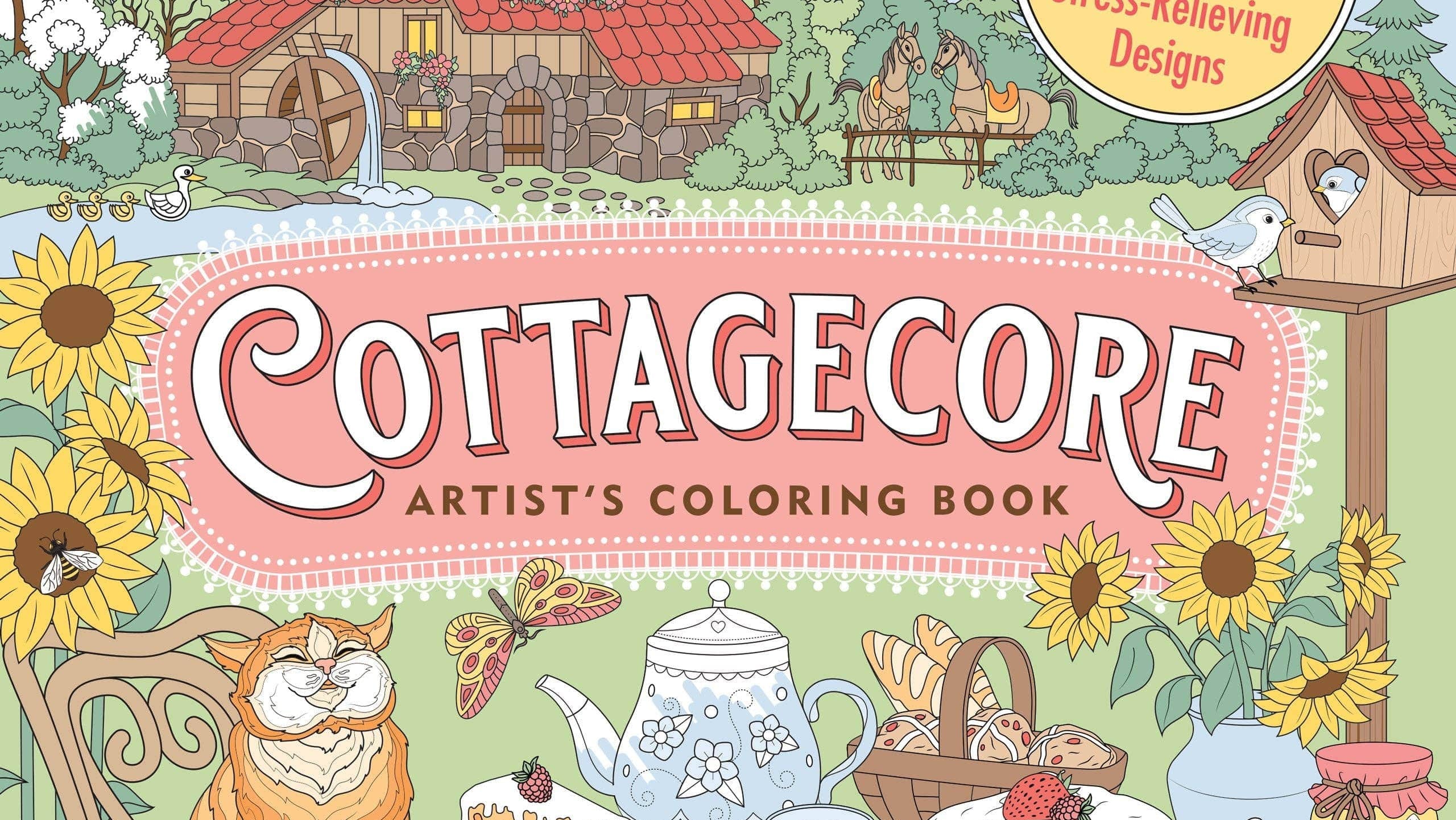 Cozy cover of "Cottagecore Artist's Coloring Book" features a farmhouse, garden, cat, tea set, and sunflowers, evoking a peaceful countryside scene.
