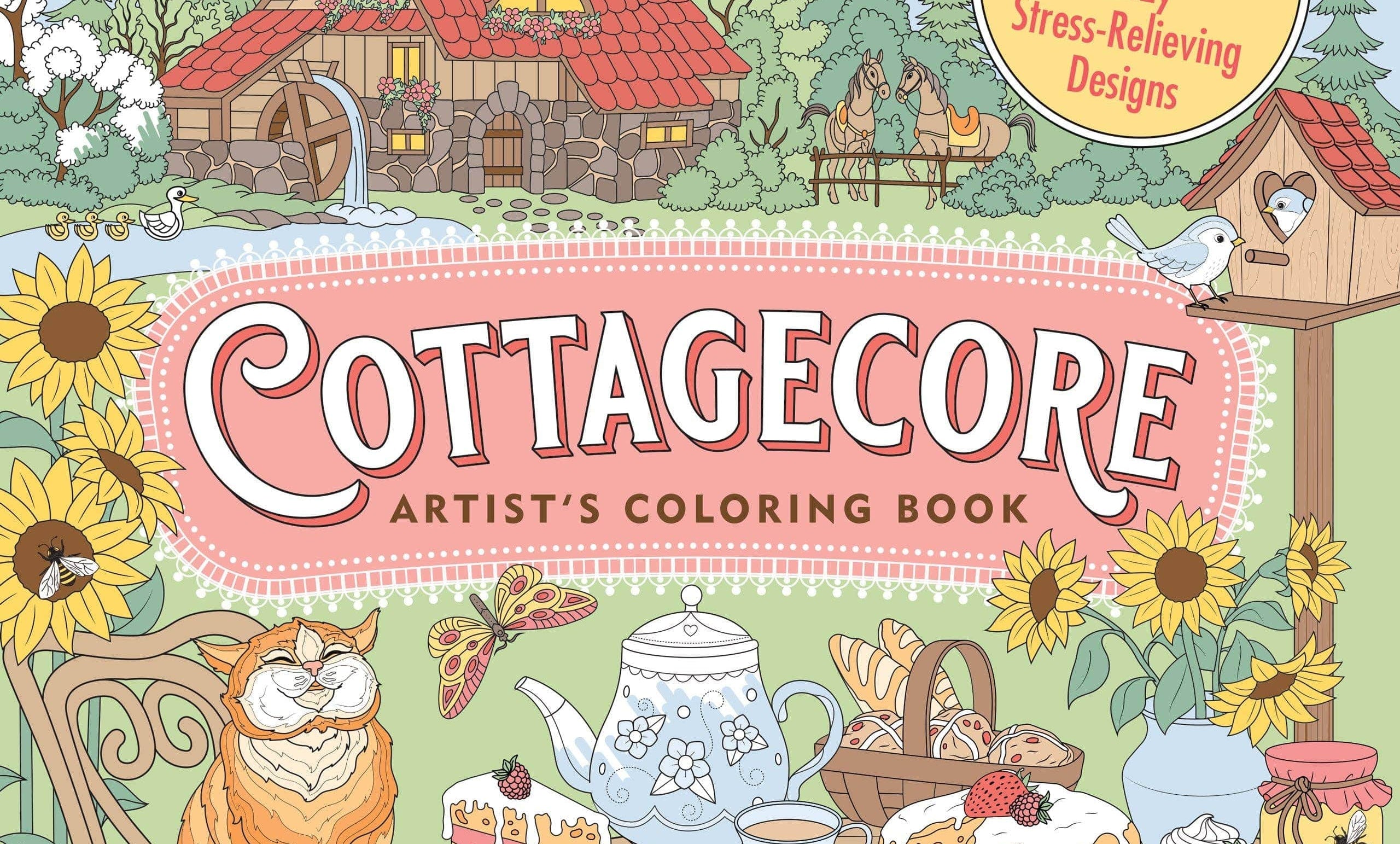 Cozy cover of "Cottagecore Artist's Coloring Book" features a farmhouse, garden, cat, tea set, and sunflowers, evoking a peaceful countryside scene.