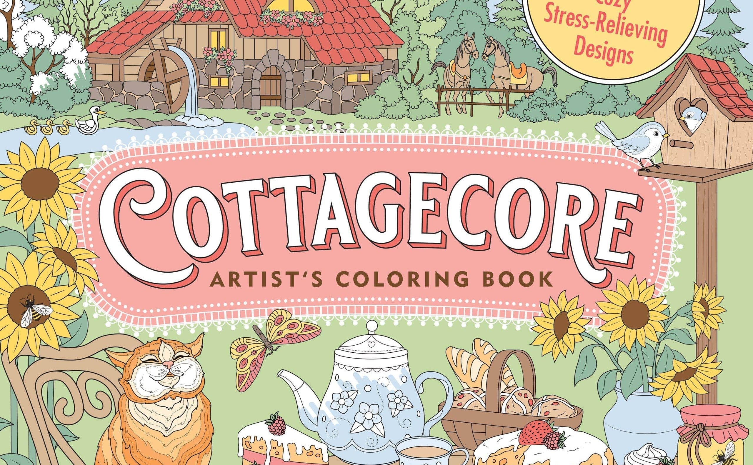 Cozy cover of "Cottagecore Artist's Coloring Book" features a farmhouse, garden, cat, tea set, and sunflowers, evoking a peaceful countryside scene.