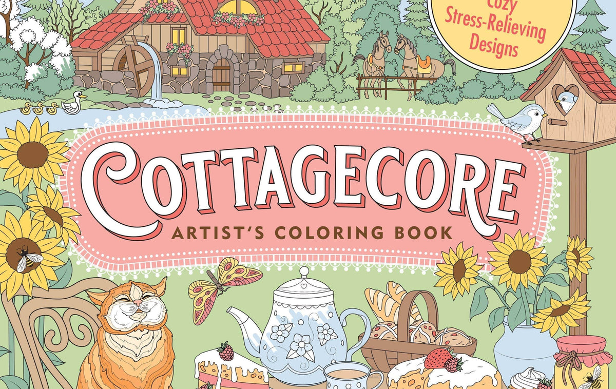 Cozy cover of "Cottagecore Artist's Coloring Book" features a farmhouse, garden, cat, tea set, and sunflowers, evoking a peaceful countryside scene.