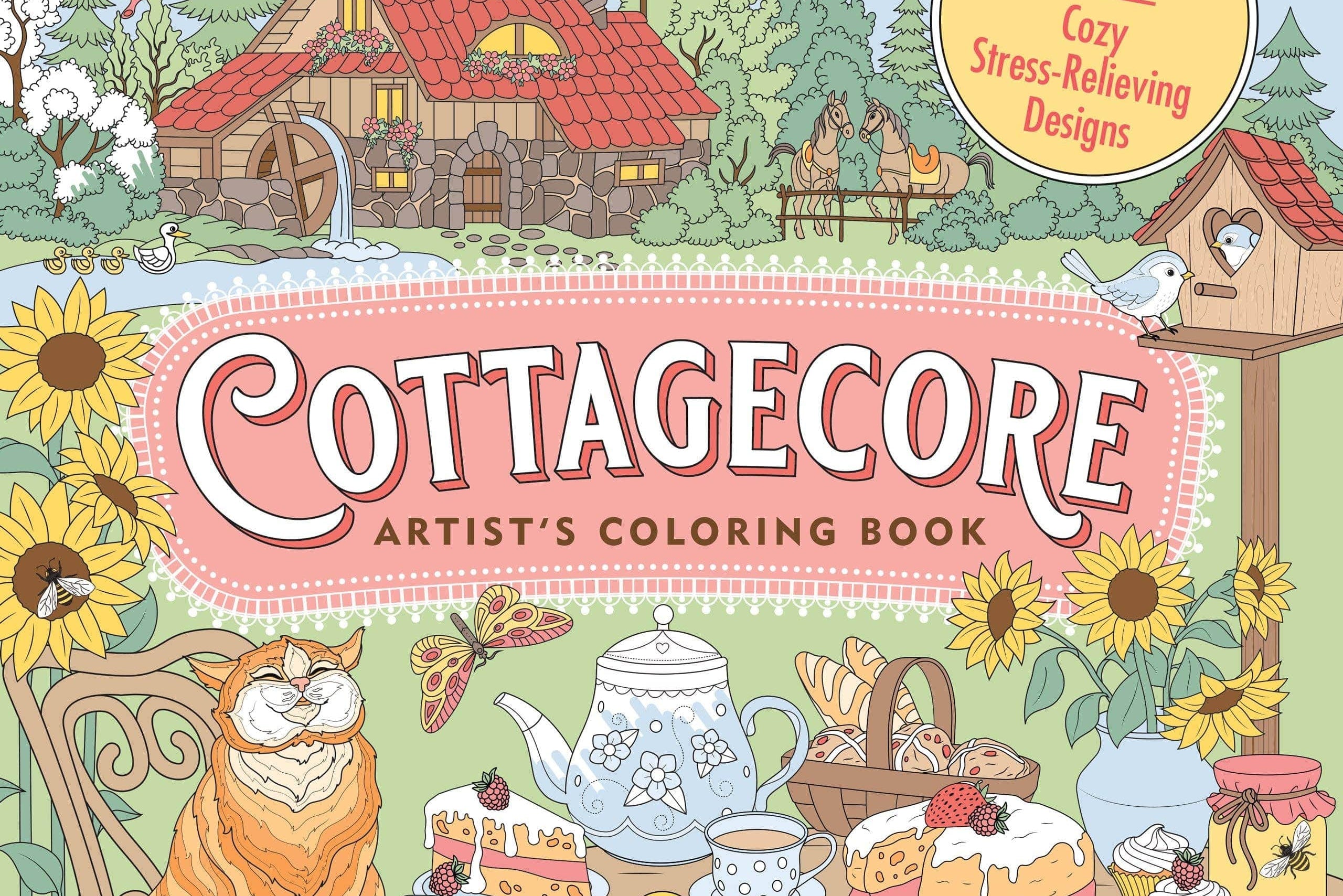 Cozy cover of "Cottagecore Artist's Coloring Book" features a farmhouse, garden, cat, tea set, and sunflowers, evoking a peaceful countryside scene.