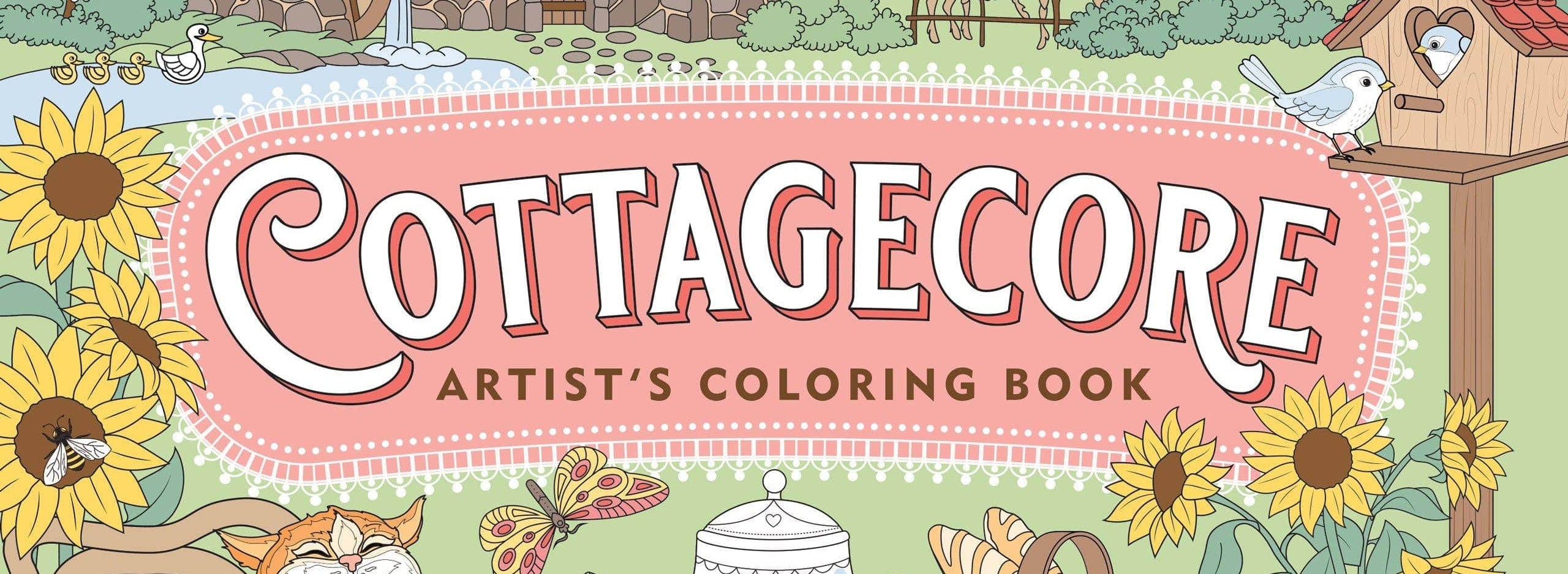 Cozy cover of "Cottagecore Artist's Coloring Book" features a farmhouse, garden, cat, tea set, and sunflowers, evoking a peaceful countryside scene.