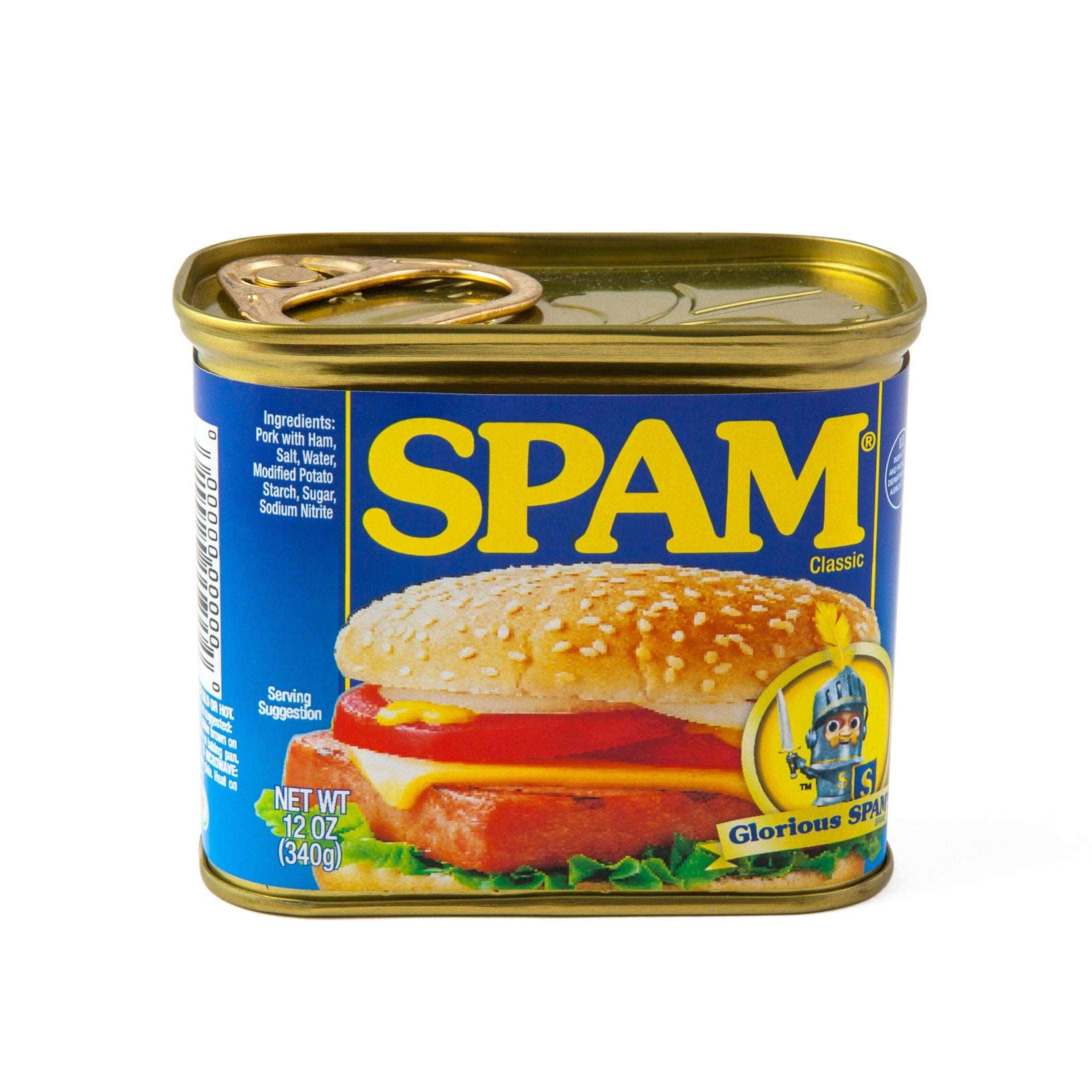 A can of Spam Classic with a blue label, featuring a sandwich topped with a sesame seed bun. The Spam text is bold in yellow, evoking a nostalgic feel.