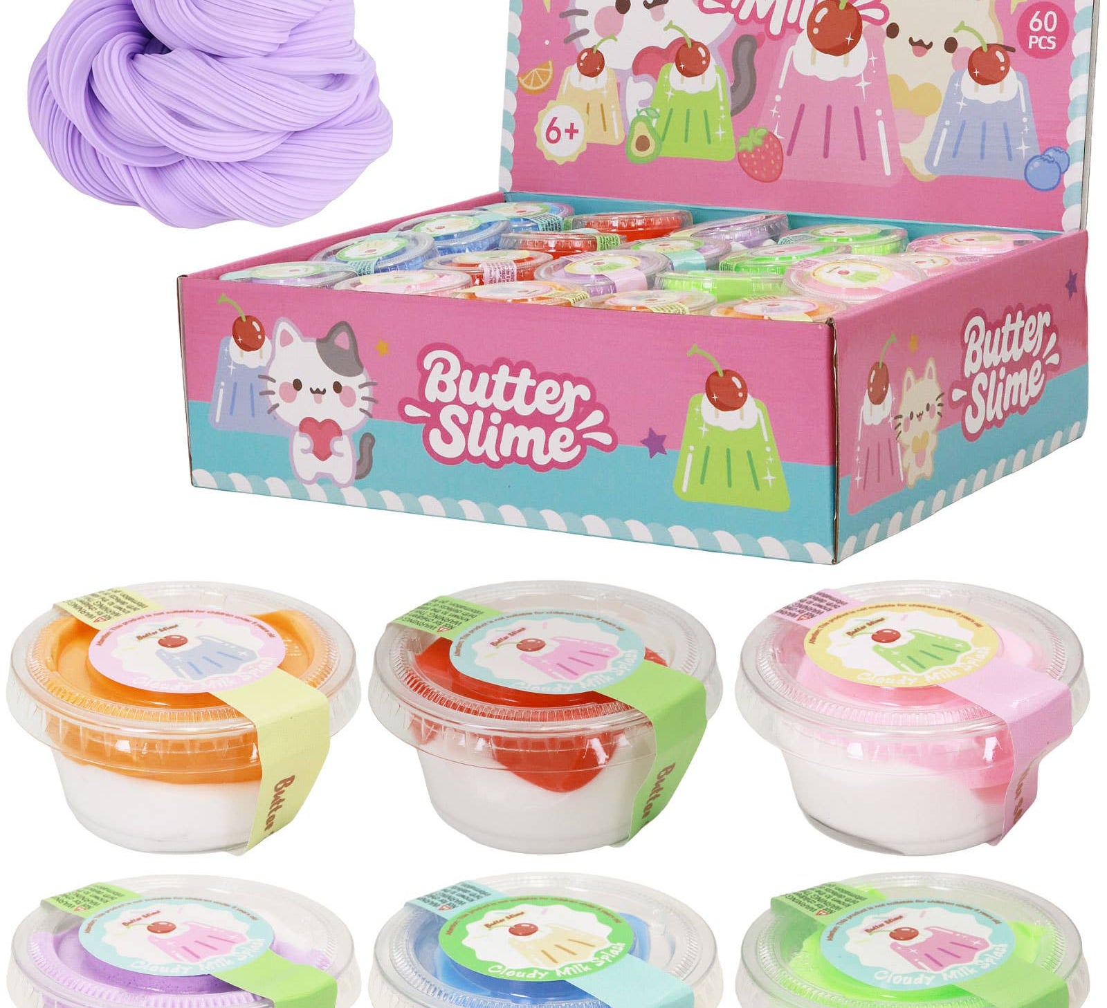 Butter Slime packaging with various slime containers and a display box on a white background