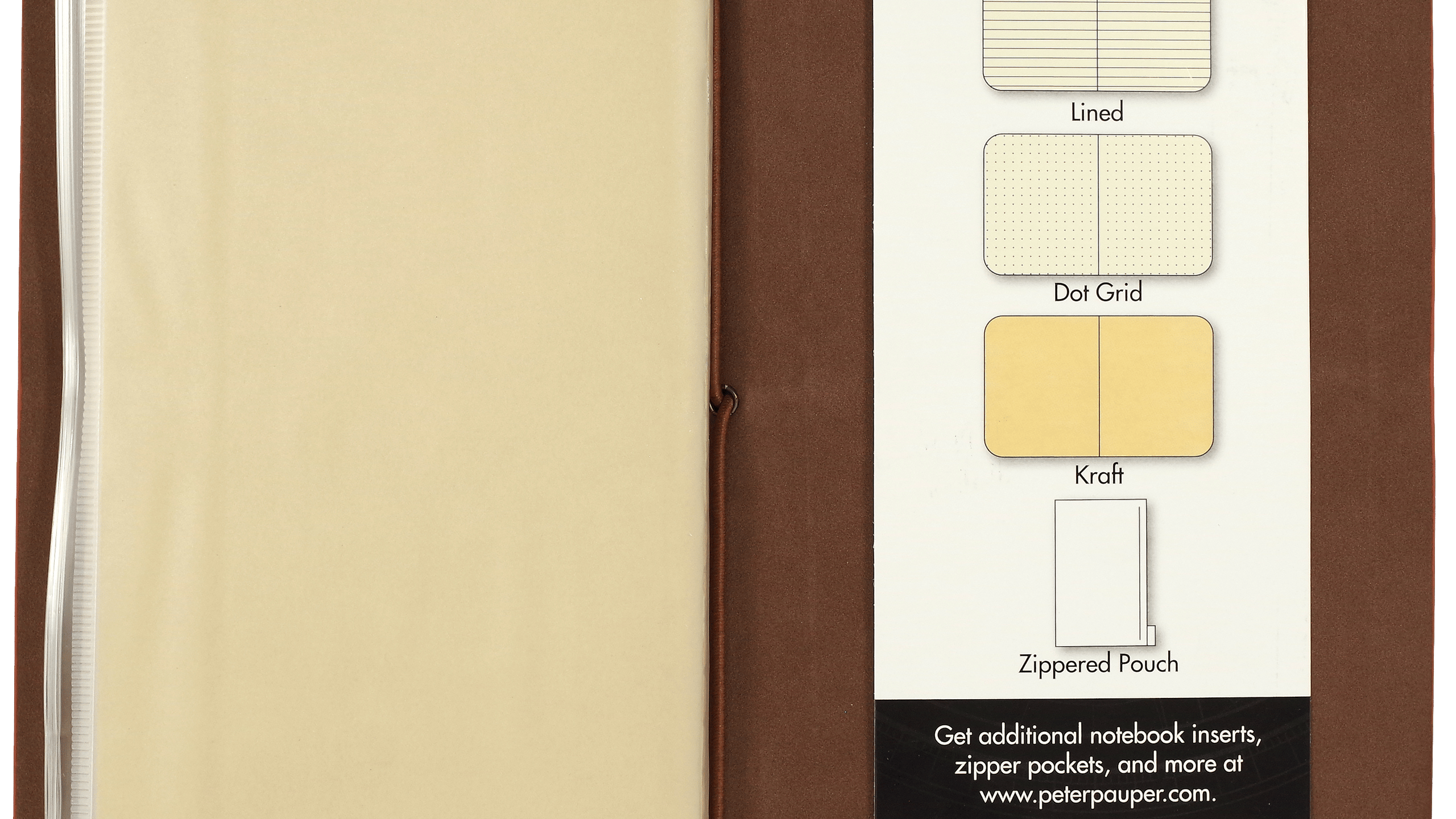 Open brown notebook displaying a plastic zippered pouch on the left and a panel listing modular inserts: lined, dot grid, kraft, and zippered pouch.