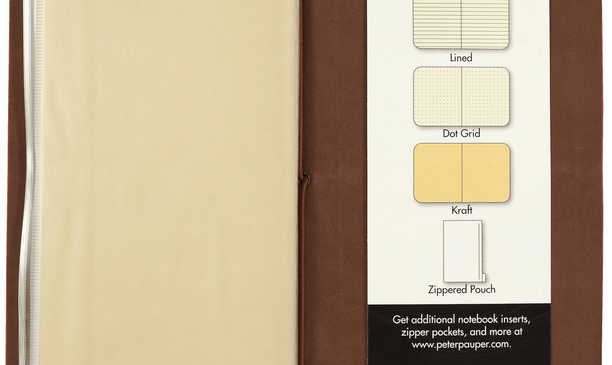 Open brown notebook displaying a plastic zippered pouch on the left and a panel listing modular inserts: lined, dot grid, kraft, and zippered pouch.