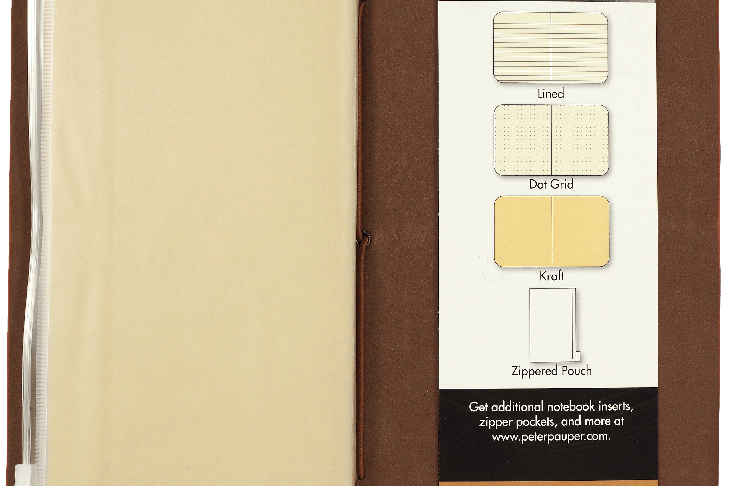 Open brown notebook displaying a plastic zippered pouch on the left and a panel listing modular inserts: lined, dot grid, kraft, and zippered pouch.
