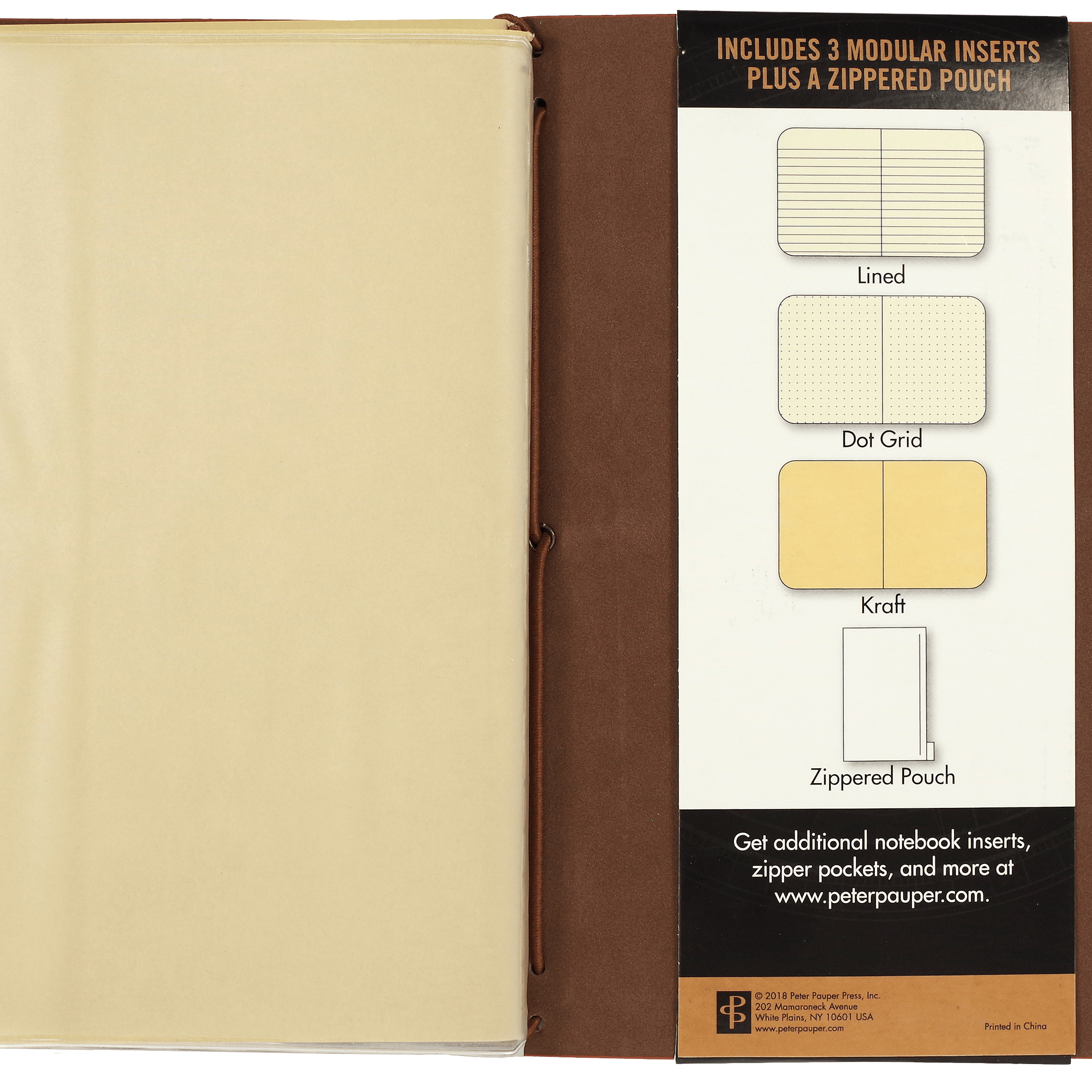 Open brown notebook displaying a plastic zippered pouch on the left and a panel listing modular inserts: lined, dot grid, kraft, and zippered pouch.