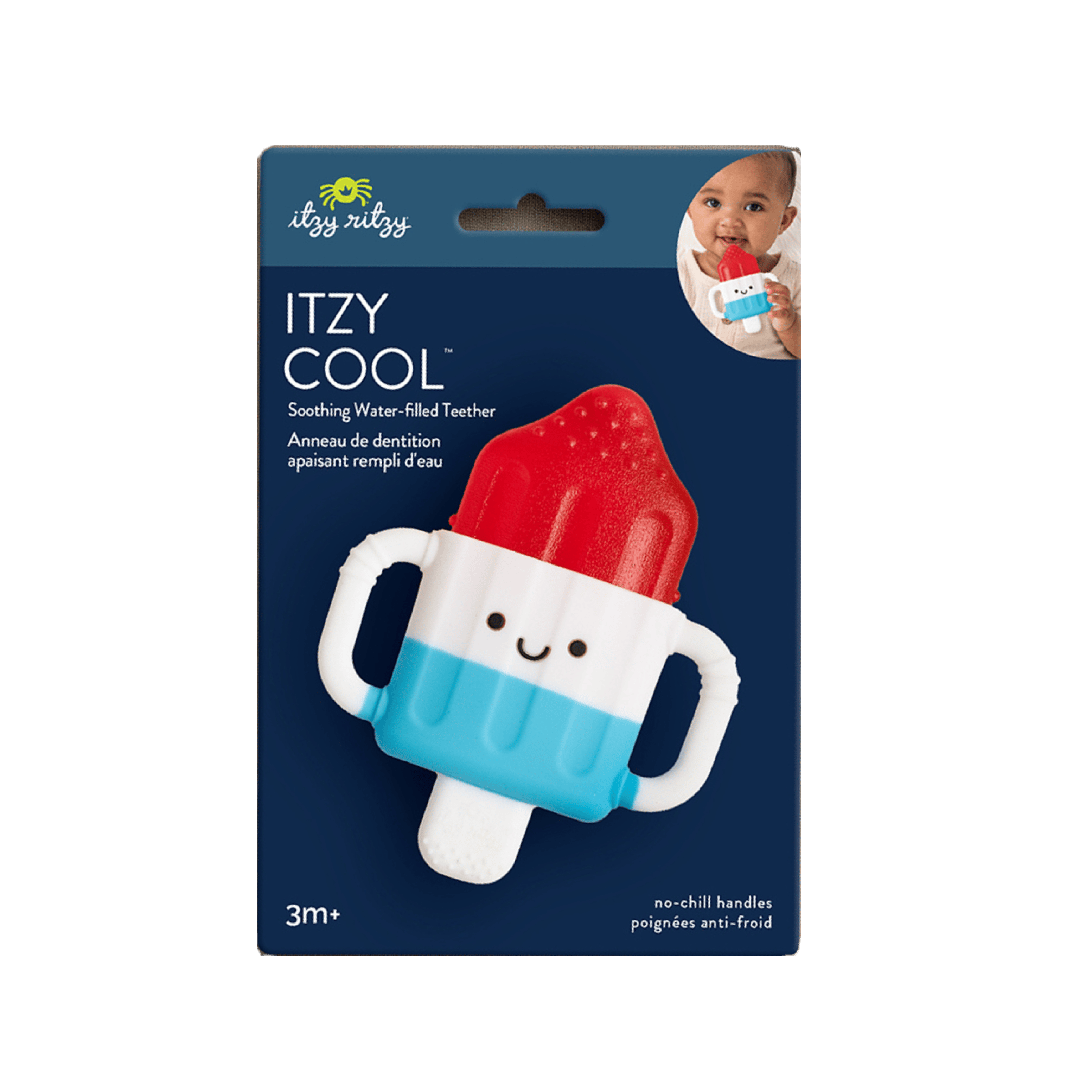 Itzy Ritzy Soothing Water-Filled Teether packaging on a green background