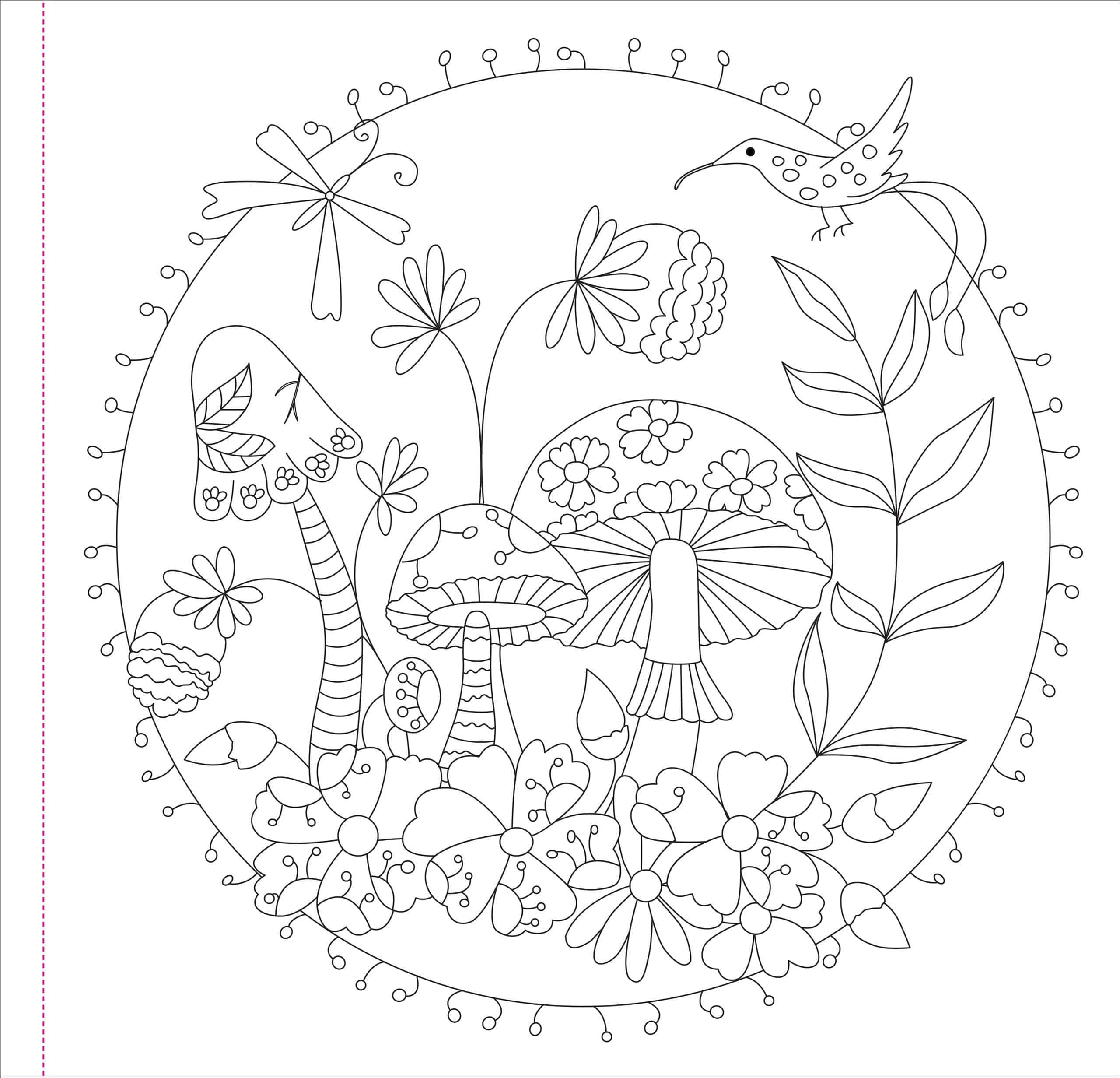 Line art illustration of whimsical mushrooms, flowers, and leaves within a circular frame. A bird and dragonfly decorate the outer edge. Playful and intricate design.