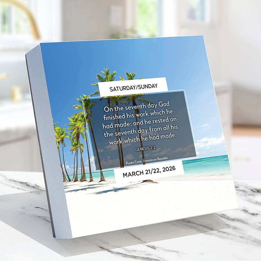 Calendar with a tropical beach scene. Palm trees under a clear blue sky. Text reads Genesis 2:2, marking March 21/22, 2026. Peaceful and serene.