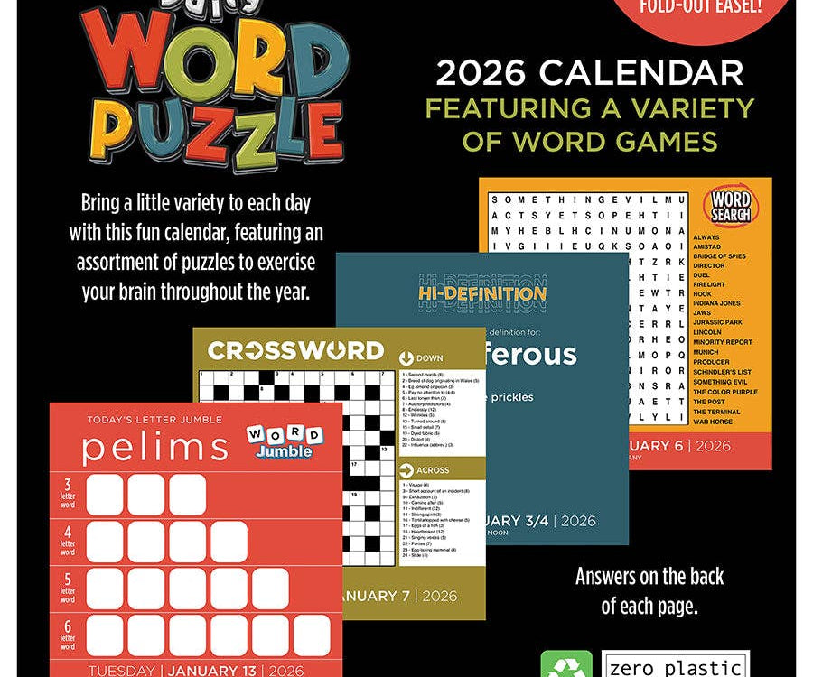 2026 calendar titled 'Daily Word Puzzle' features various word games like word search, crossword, and word jumble. The design is colorful and playful. Promotes eco-friendly materials and includes answers on the back of each page.