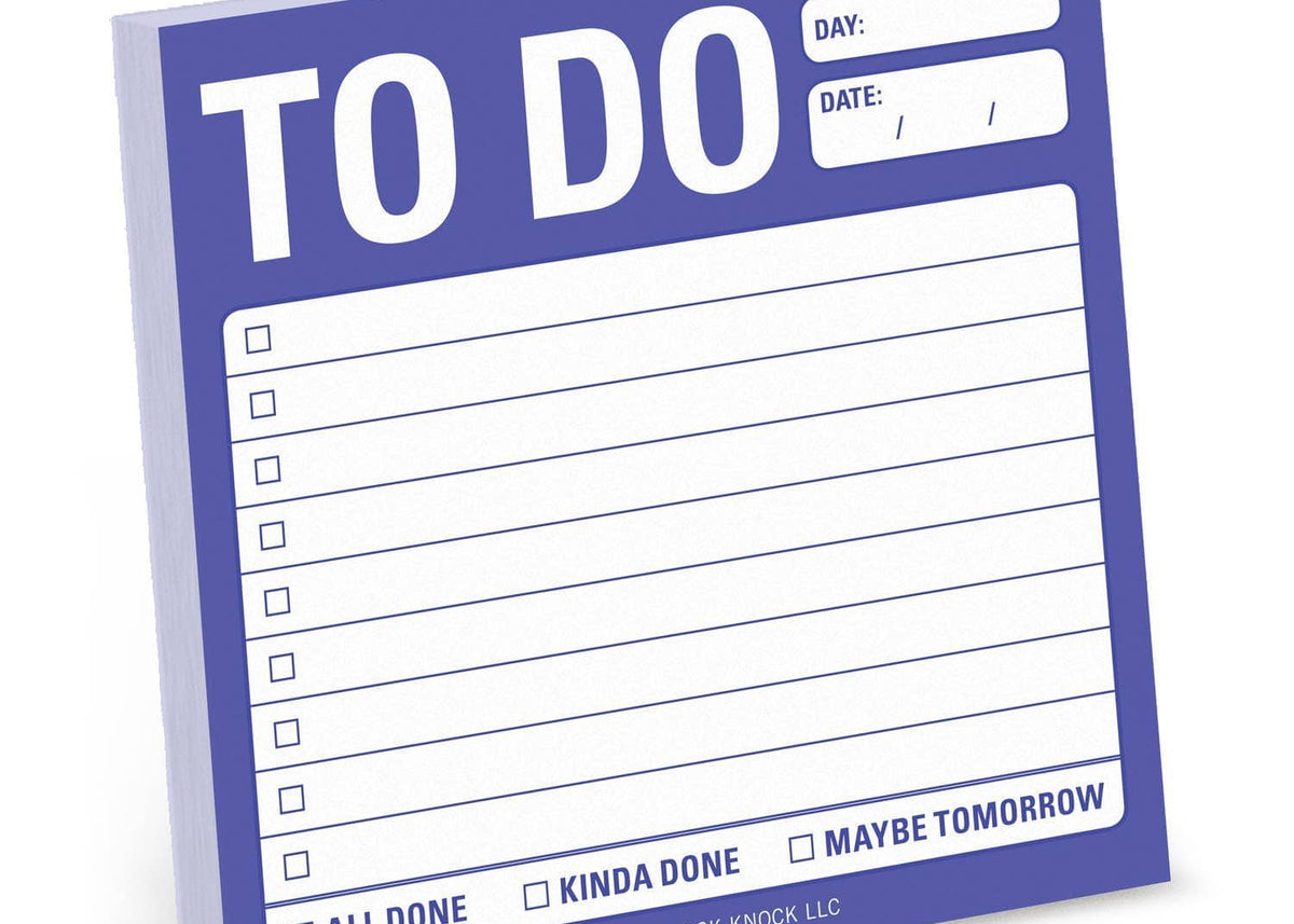 A purple to-do list notepad with spaces for day and date at the top. It includes checkboxes for tasks, with options "All Done," "Kinda Done," and "Maybe Tomorrow."