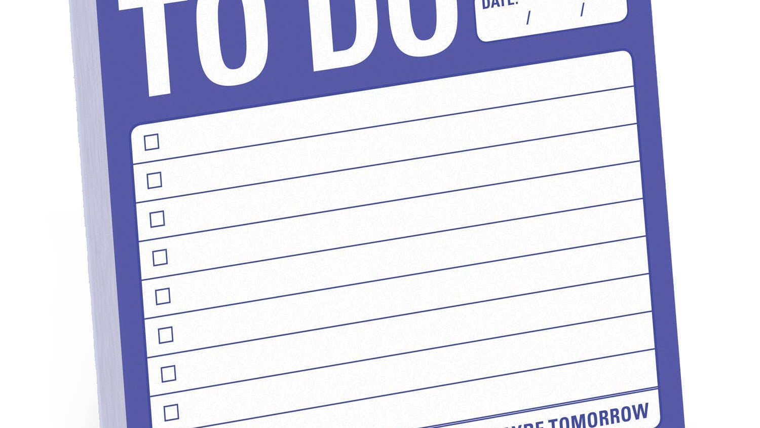 A purple to-do list notepad with spaces for day and date at the top. It includes checkboxes for tasks, with options "All Done," "Kinda Done," and "Maybe Tomorrow."