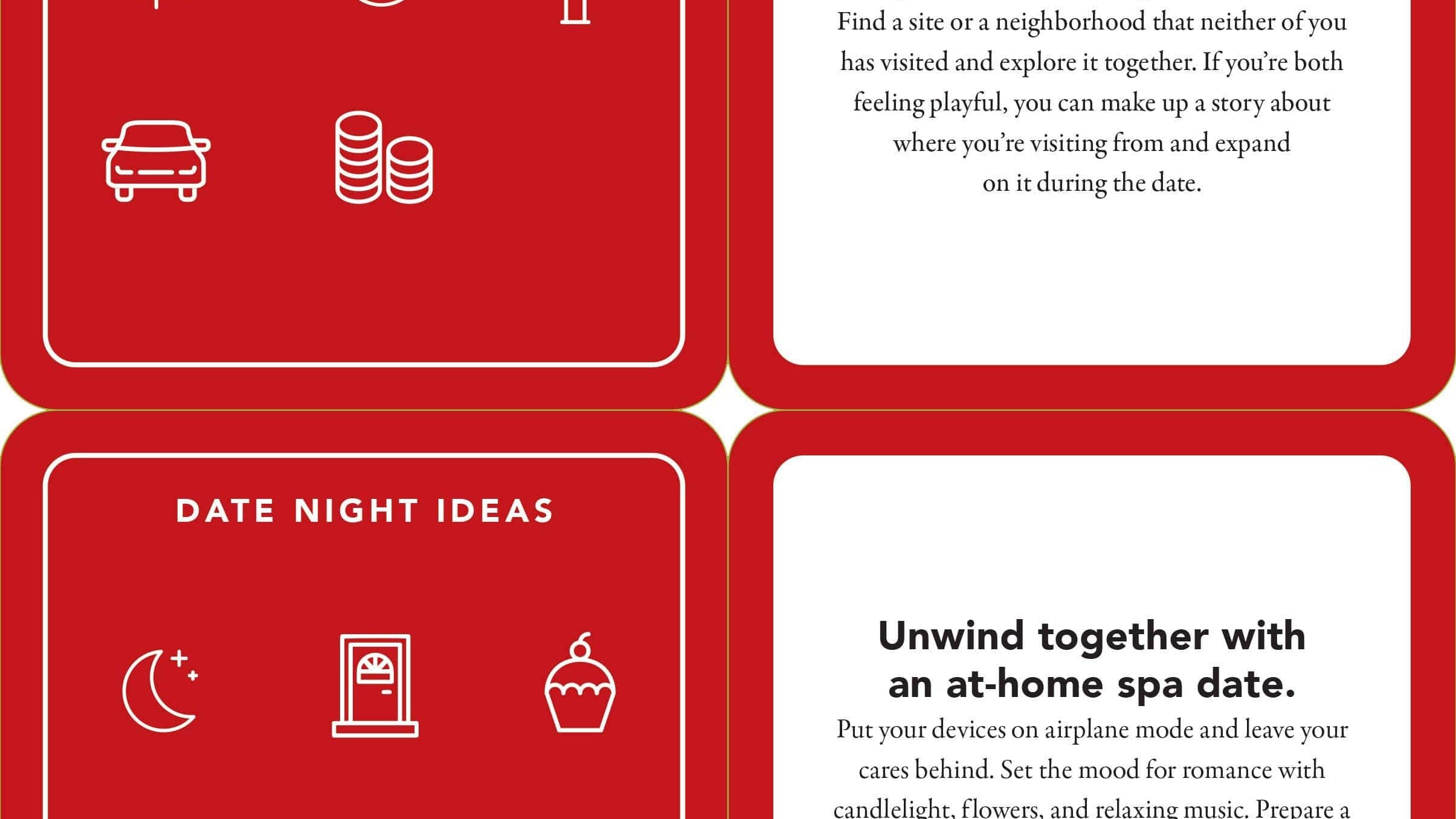 Red graphic with two date night ideas. First: "Pretend to be a tourist," explore local sites. Second: "Unwind together," have an at-home spa with candles and music. Icons: sun, moon, tree, car, coins, door, cupcake, house.