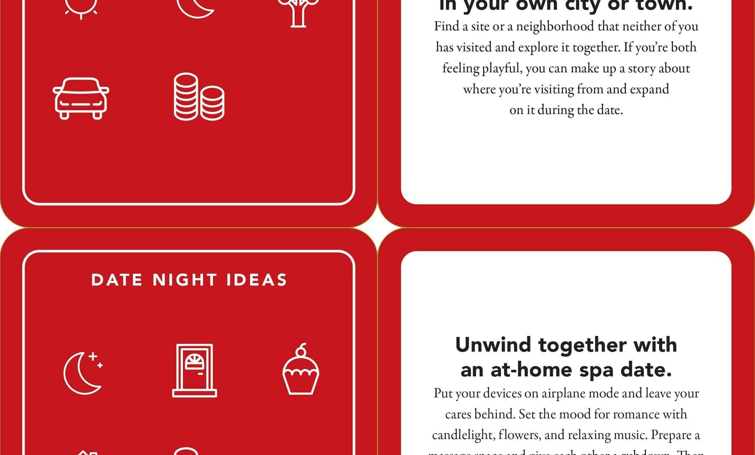 Red graphic with two date night ideas. First: "Pretend to be a tourist," explore local sites. Second: "Unwind together," have an at-home spa with candles and music. Icons: sun, moon, tree, car, coins, door, cupcake, house.