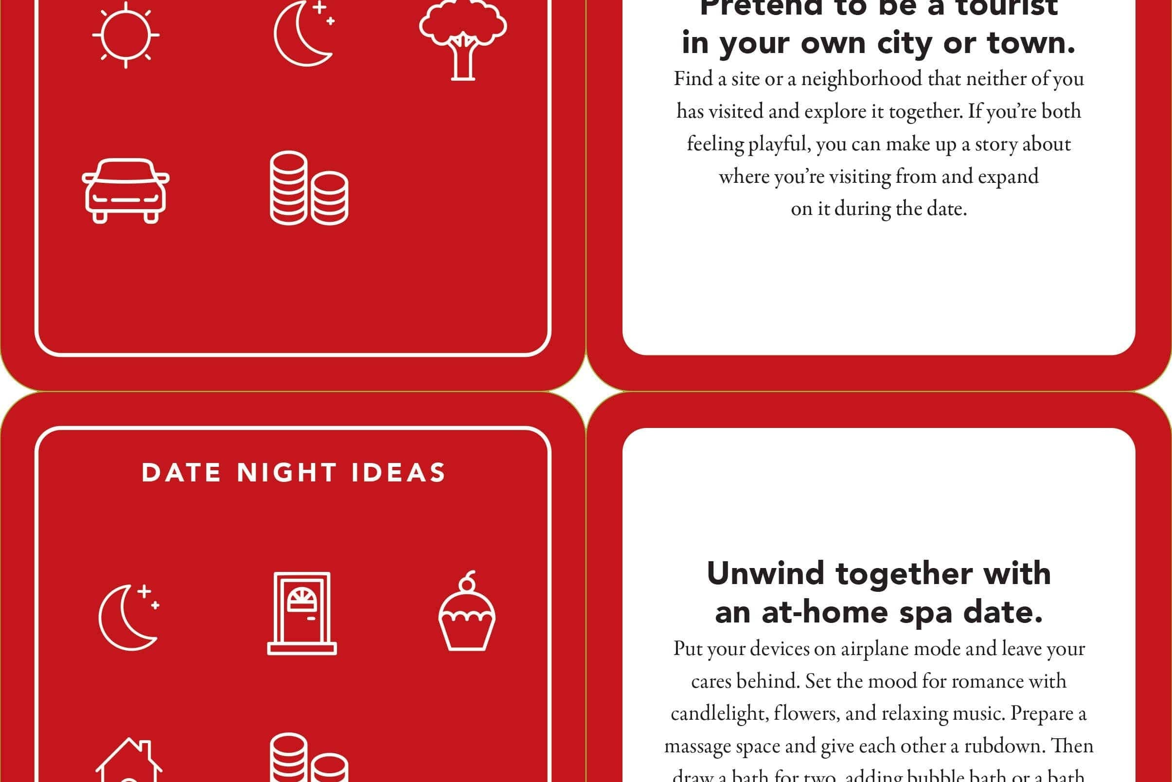 Red graphic with two date night ideas. First: "Pretend to be a tourist," explore local sites. Second: "Unwind together," have an at-home spa with candles and music. Icons: sun, moon, tree, car, coins, door, cupcake, house.