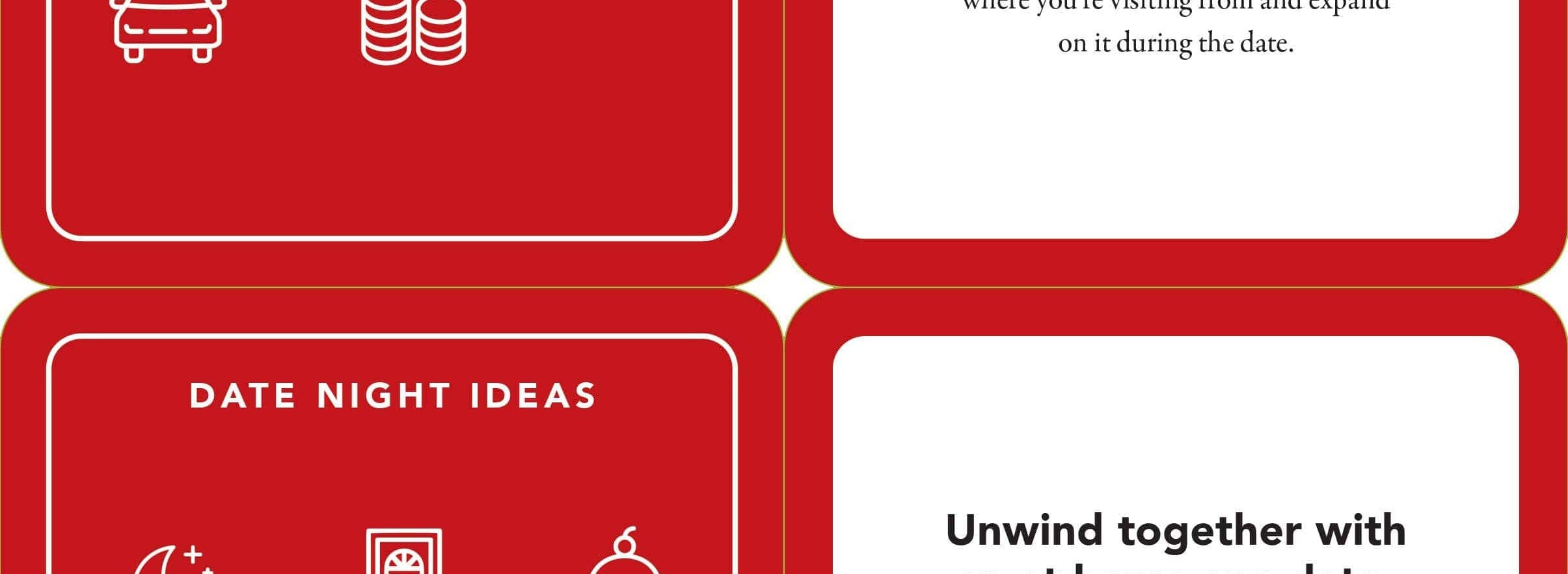 Red graphic with two date night ideas. First: "Pretend to be a tourist," explore local sites. Second: "Unwind together," have an at-home spa with candles and music. Icons: sun, moon, tree, car, coins, door, cupcake, house.