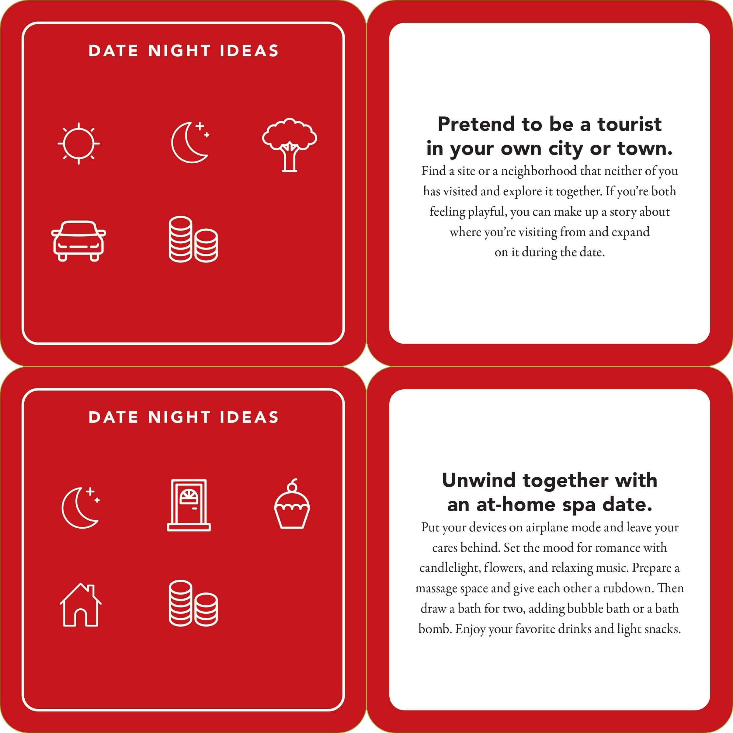 Red graphic with two date night ideas. First: "Pretend to be a tourist," explore local sites. Second: "Unwind together," have an at-home spa with candles and music. Icons: sun, moon, tree, car, coins, door, cupcake, house.