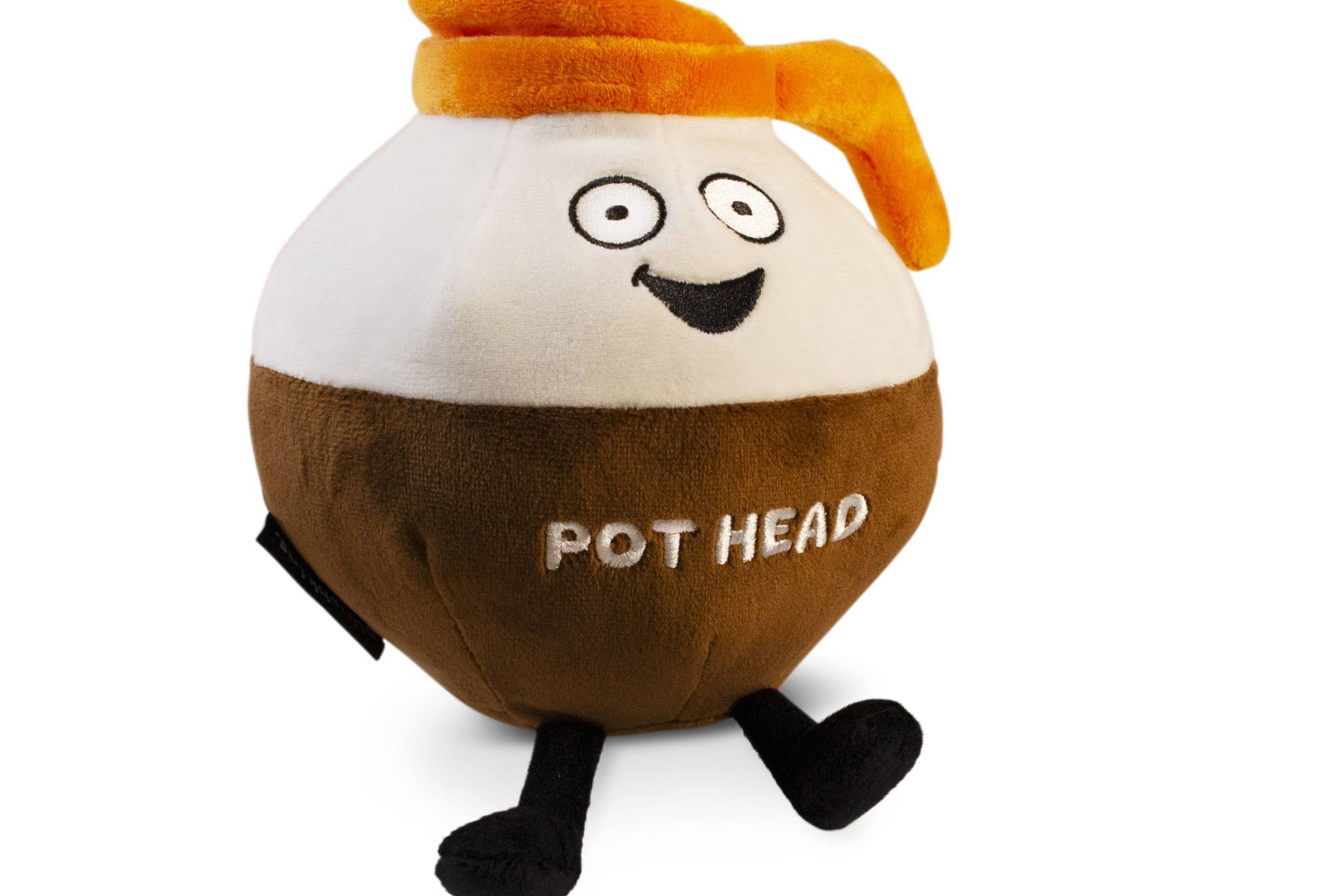 A brown and white coffee pot plushie with an orange pour spout. The white portion has a smiley face, and the brown portion features white text that says "Pot Head." The plushie has black legs sticking out.
