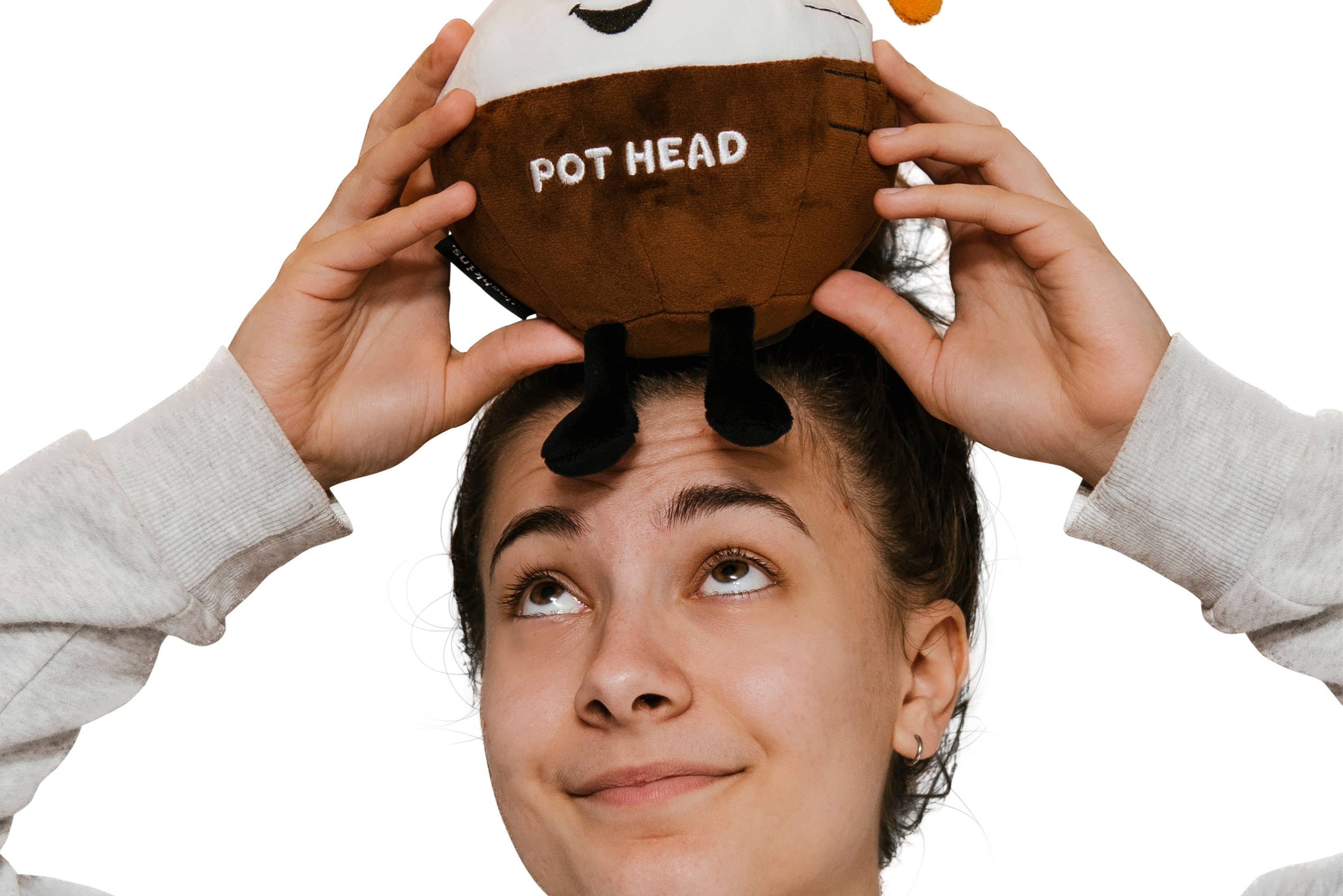 A brown and white coffee pot plushie with an orange pour spout. The white portion has a smiley face, and the brown portion features white text that says "Pot Head." The plushie has black legs sticking out.