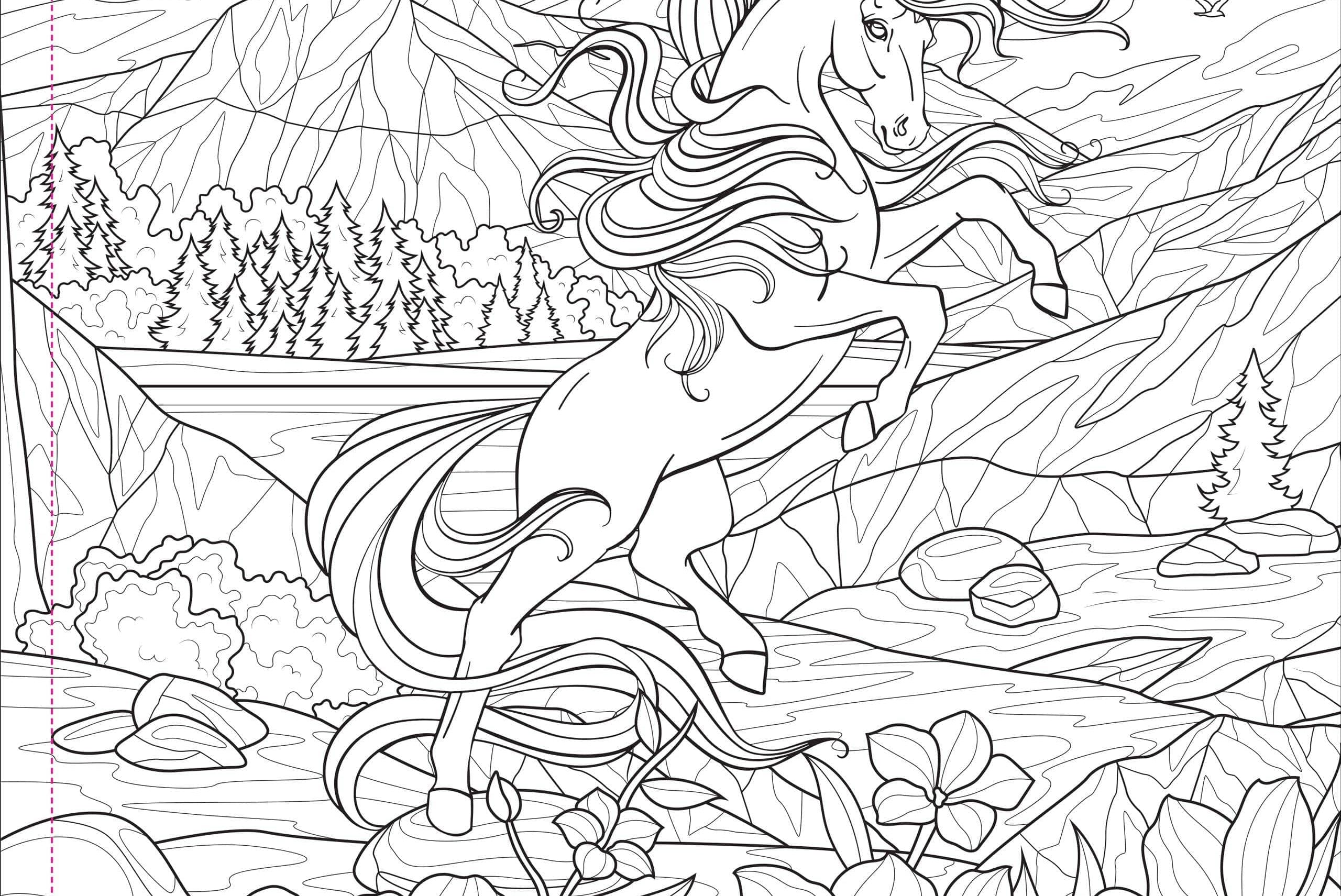 Line art of a majestic unicorn rearing in a serene landscape. Mountains and a dense forest are in the background, with flowers in the foreground.