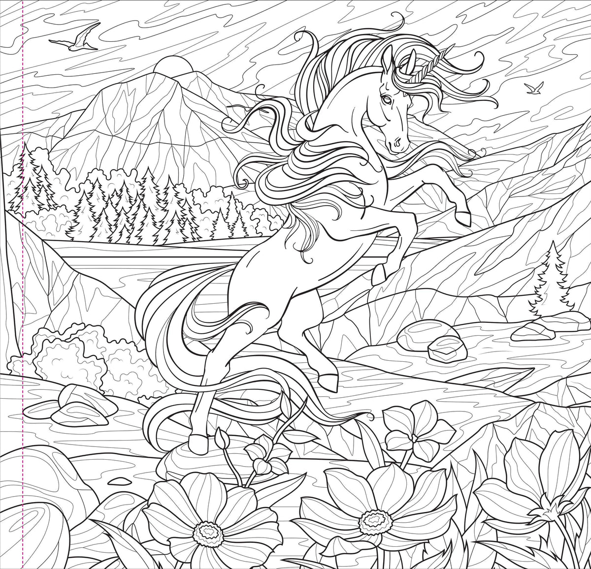 Line art of a majestic unicorn rearing in a serene landscape. Mountains and a dense forest are in the background, with flowers in the foreground.