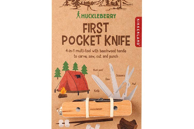 Cardboard packaging featuring a beechwood pocket knife with multi-tool functions. Illustrated camping scene with tent and trees, conveying adventure.