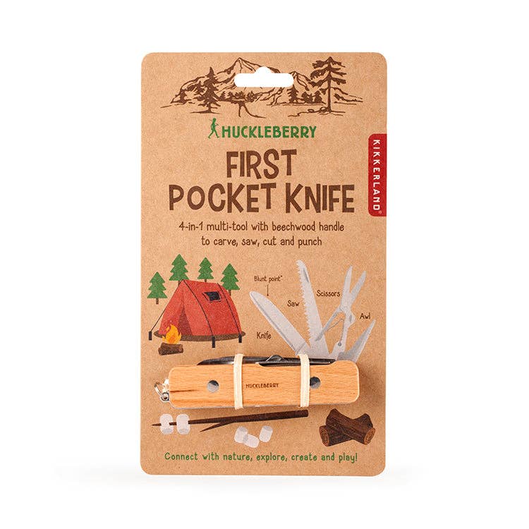 Cardboard packaging featuring a beechwood pocket knife with multi-tool functions. Illustrated camping scene with tent and trees, conveying adventure.