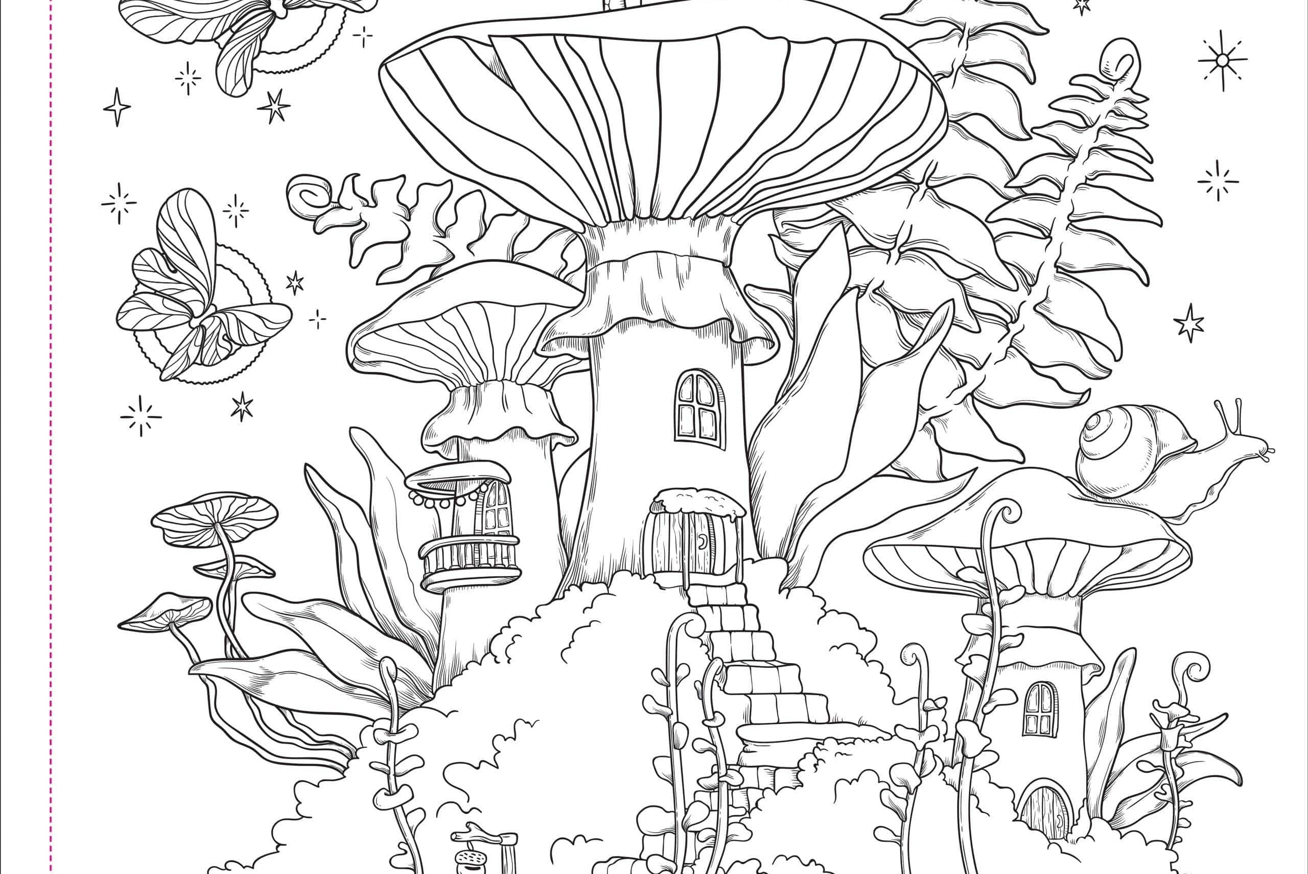 Whimsical illustration shows fantasy mushroom houses with windows and a door, surrounded by foliage, butterflies, and a snail. Night sky with stars.