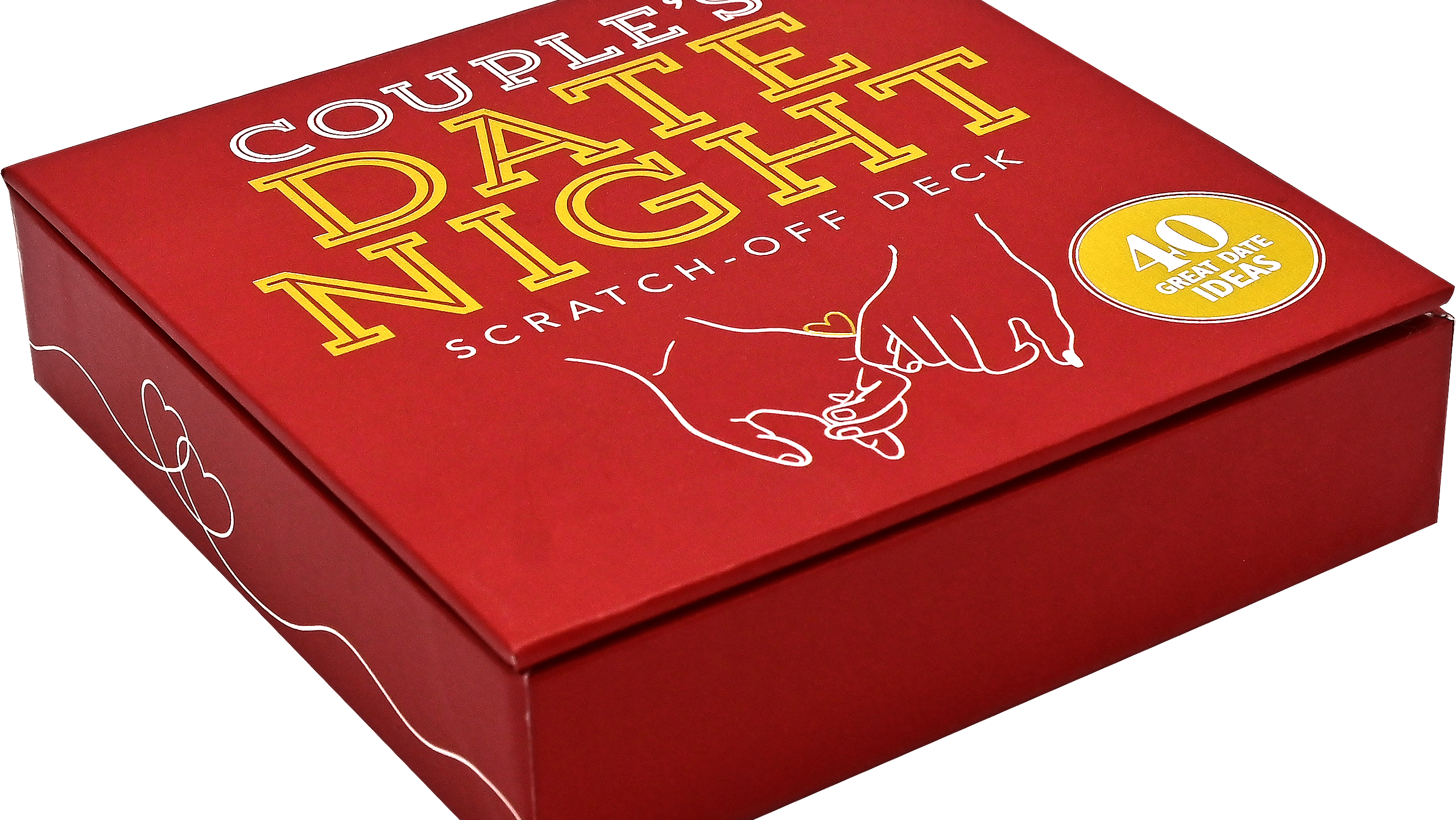 Red box with the text "Couple's Date Night Scratch-Off Deck" in bold yellow and white letters. It features a drawing of two hands holding and promises "40 great date ideas."