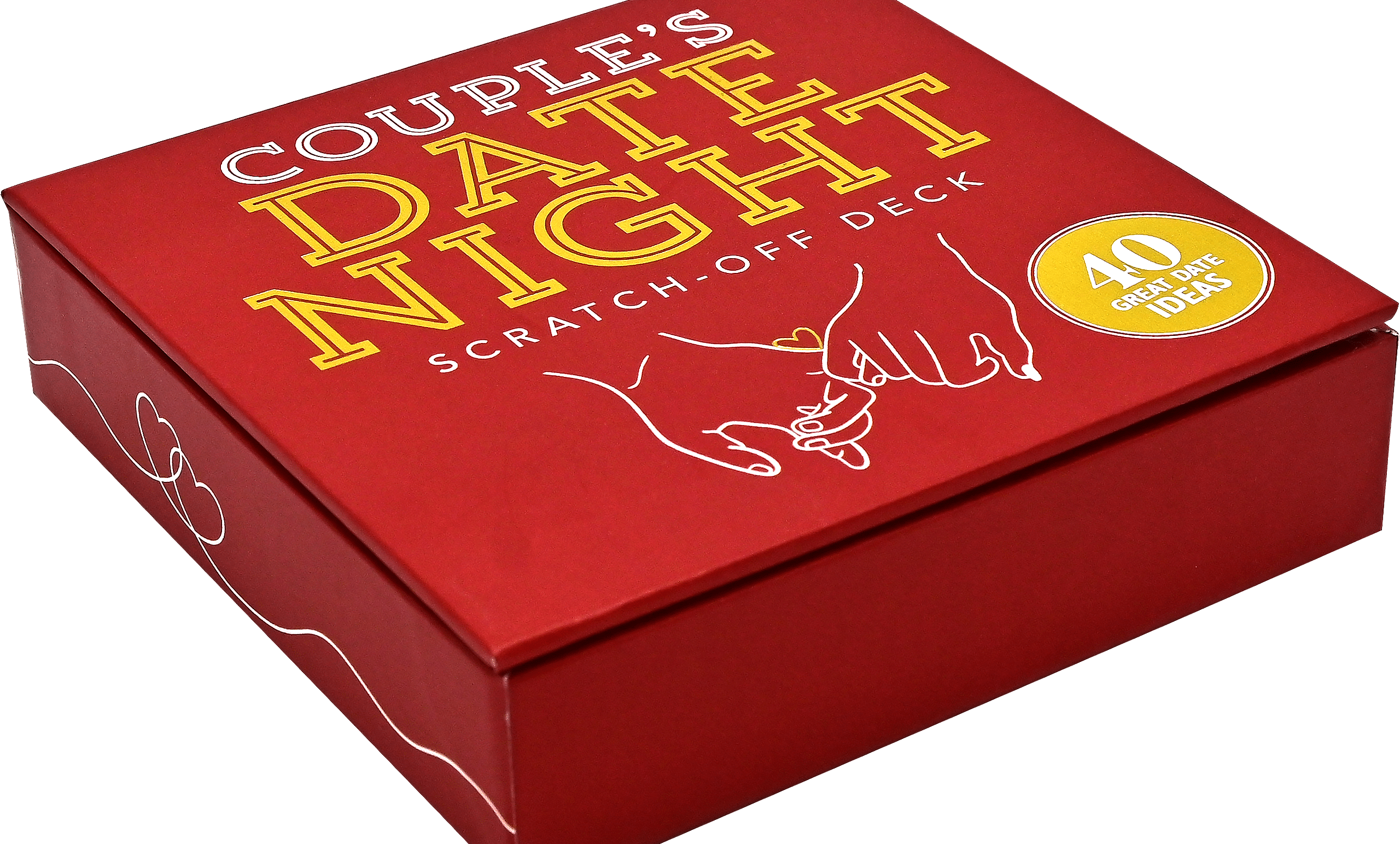Red box with the text "Couple's Date Night Scratch-Off Deck" in bold yellow and white letters. It features a drawing of two hands holding and promises "40 great date ideas."
