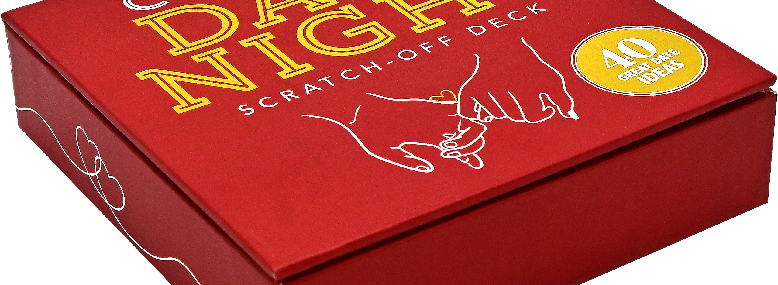 Red box with the text "Couple's Date Night Scratch-Off Deck" in bold yellow and white letters. It features a drawing of two hands holding and promises "40 great date ideas."