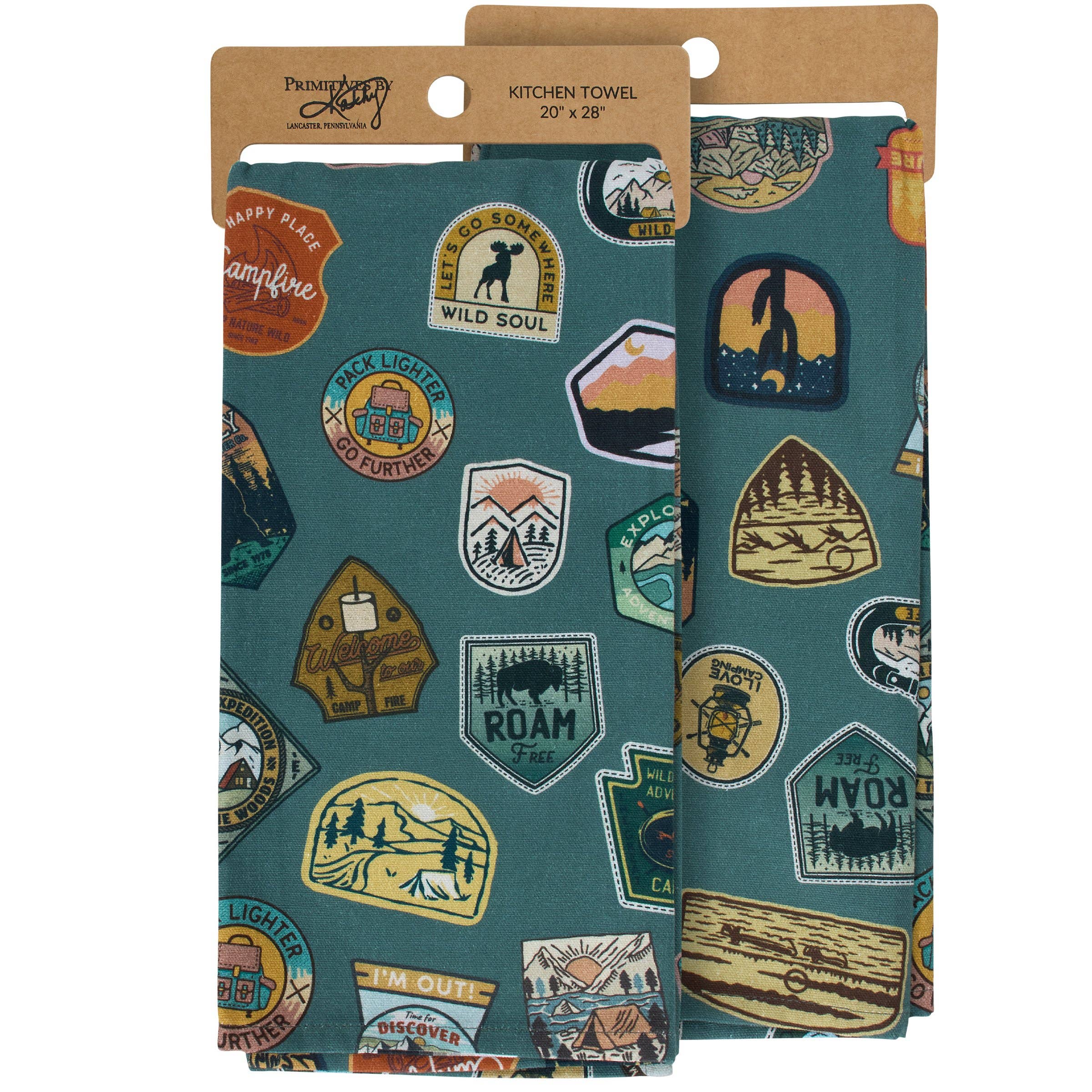 Two kitchen towels with nature-themed patches in packaging on a white background