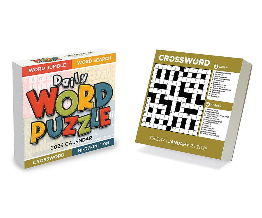 Cover of a 2026 daily word puzzle calendar and an open page featuring a crossword puzzle for January 2. Vibrant colors and playful layout.