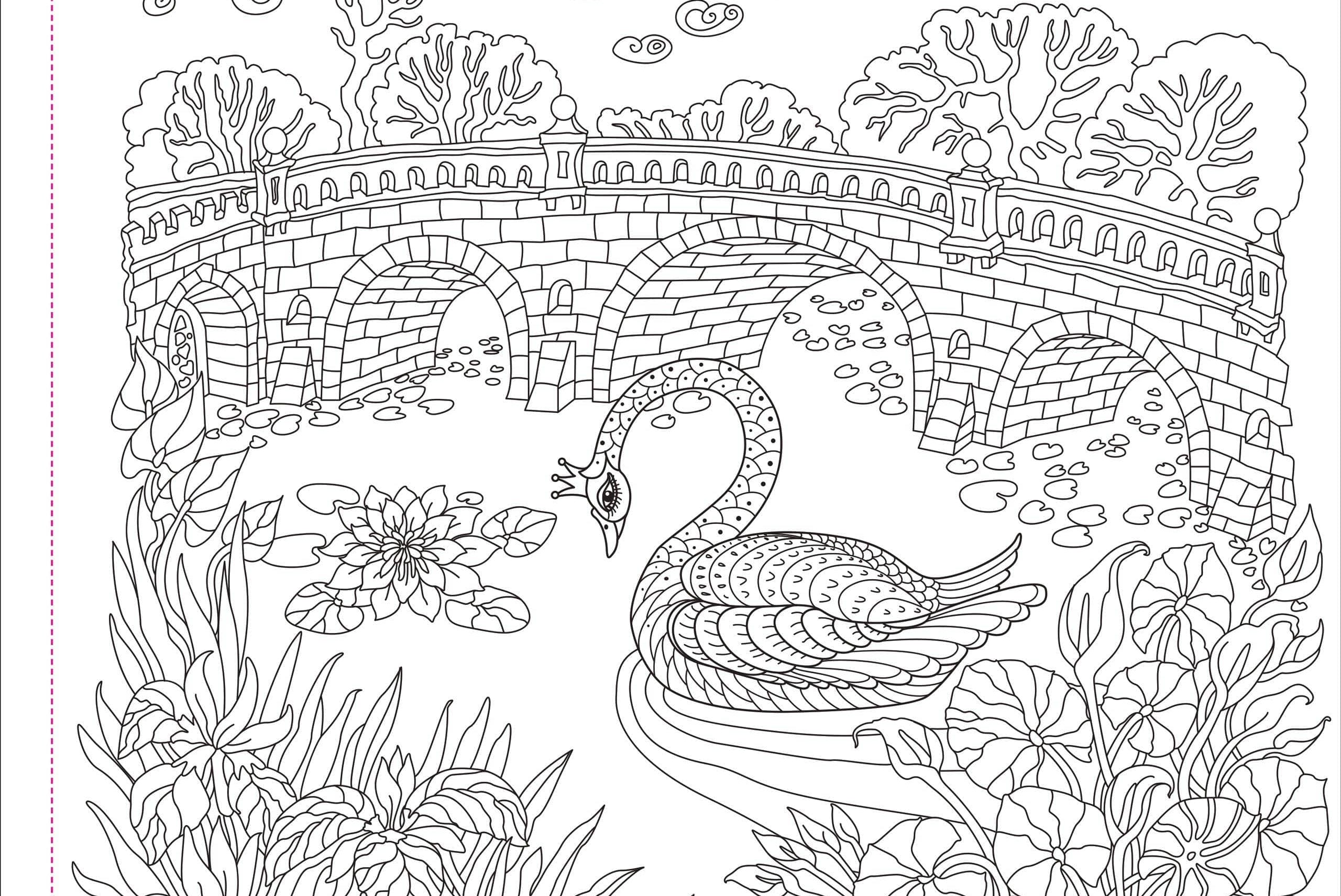 A peaceful coloring page featuring a swan on a pond, surrounded by lilies and lush plants. A stone bridge arches in the background, under a whimsical sky with clouds.