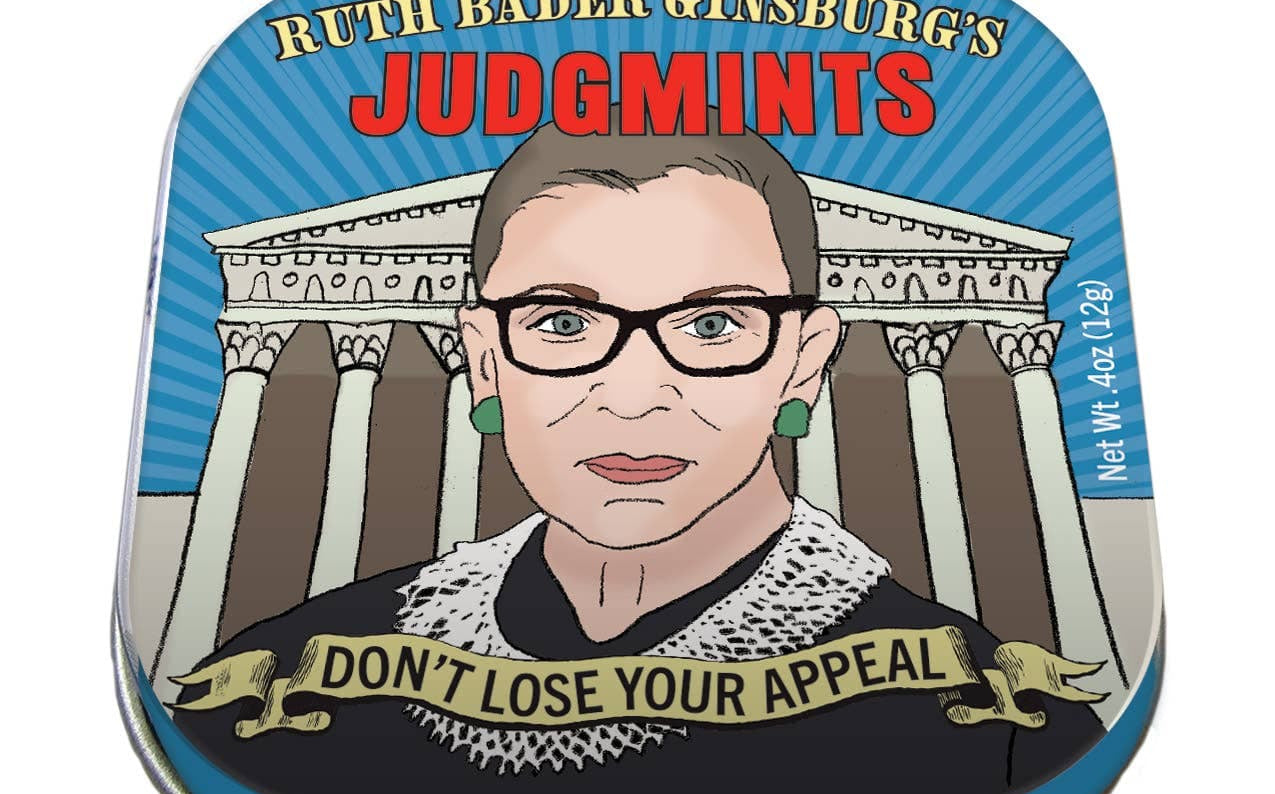 Illustrated tin labeled "Ruth Bader Ginsburg's Judgmints," featuring a drawing of Ginsburg in front of a courthouse. Banner reads "Don't Lose Your Appeal." Playful tone.