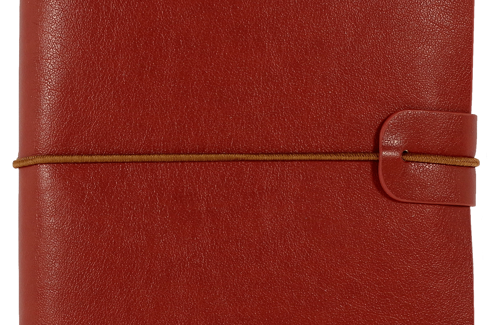 Red leather notebook with a smooth texture, secured by a brown elastic band and a loop closure. It conveys a stylish and professional tone.