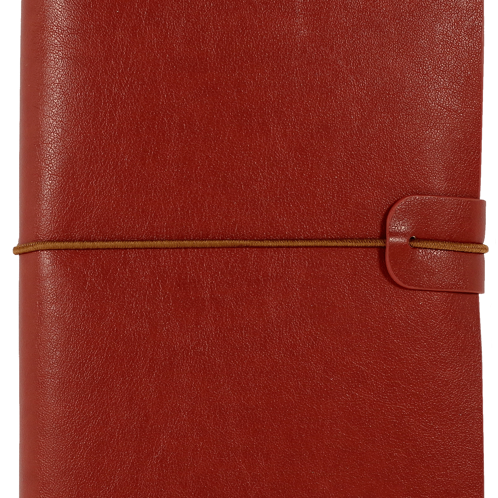 Red leather notebook with a smooth texture, secured by a brown elastic band and a loop closure. It conveys a stylish and professional tone.
