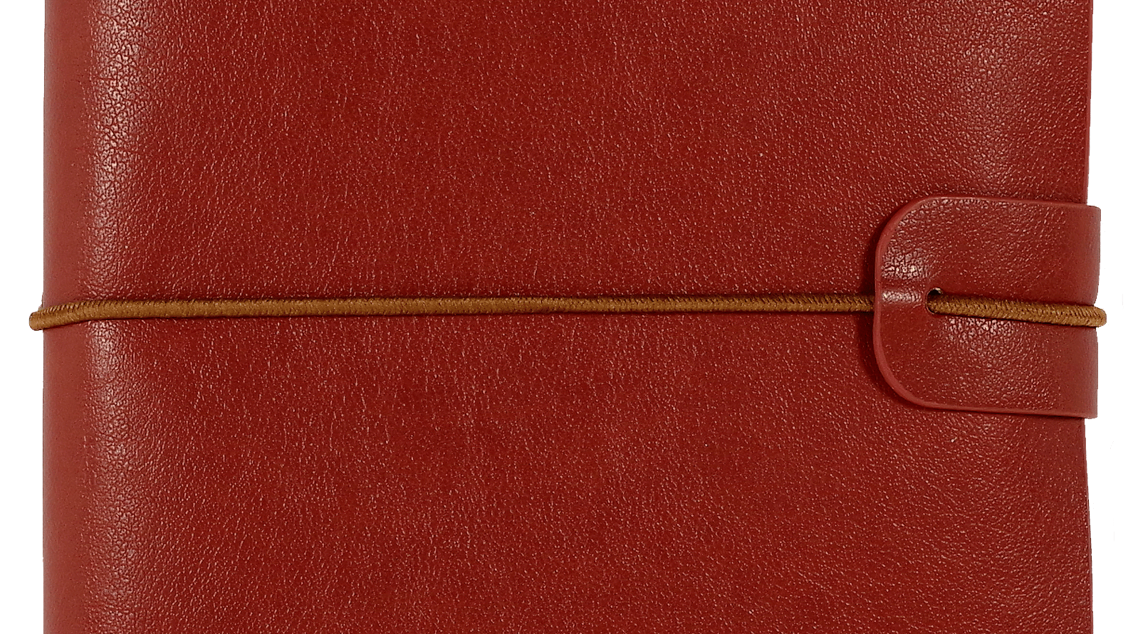 Red leather notebook with a smooth texture, secured by a brown elastic band and a loop closure. It conveys a stylish and professional tone.