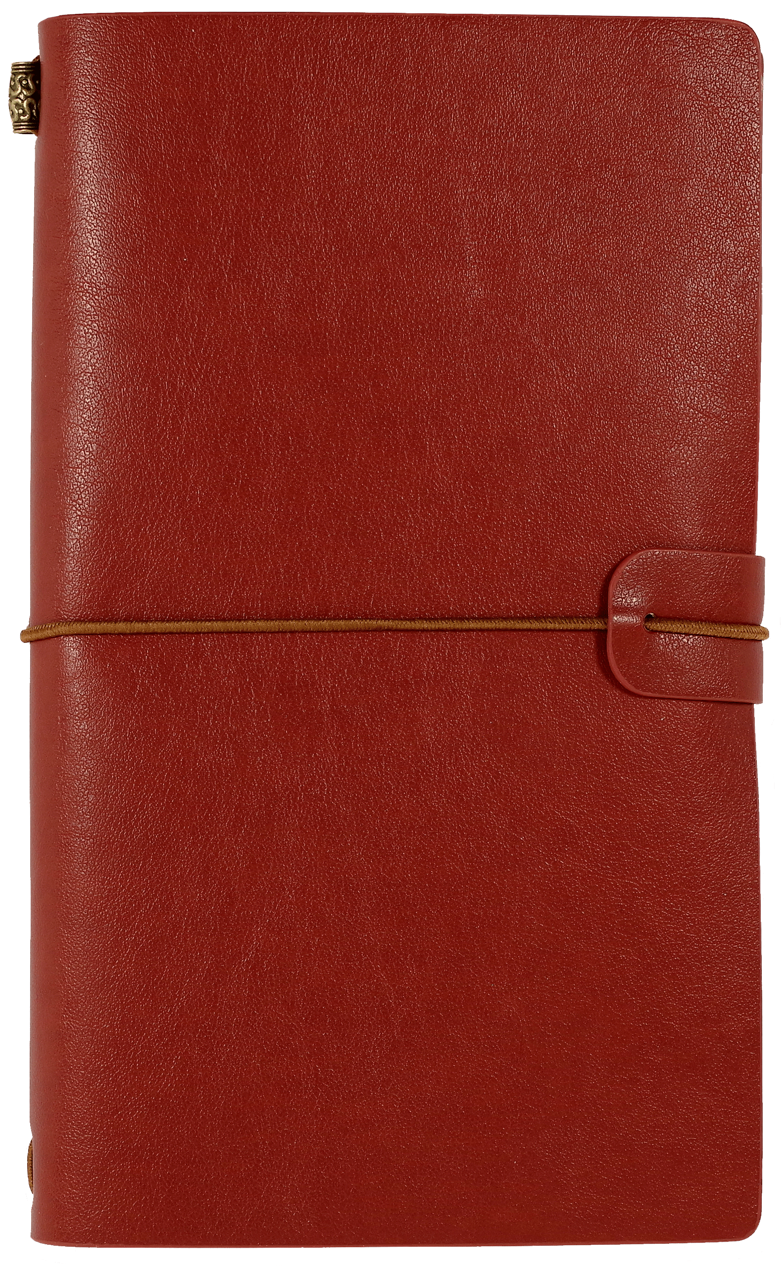 Red leather notebook with a smooth texture, secured by a brown elastic band and a loop closure. It conveys a stylish and professional tone.