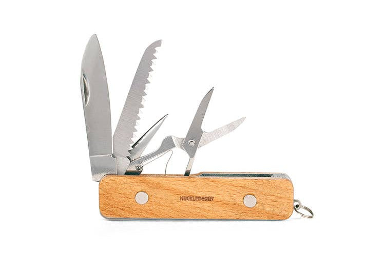 Wood-handled pocket knife with various open tools, including a saw, scissors, and a blade, showcasing versatility. It's a functional and rugged design.
